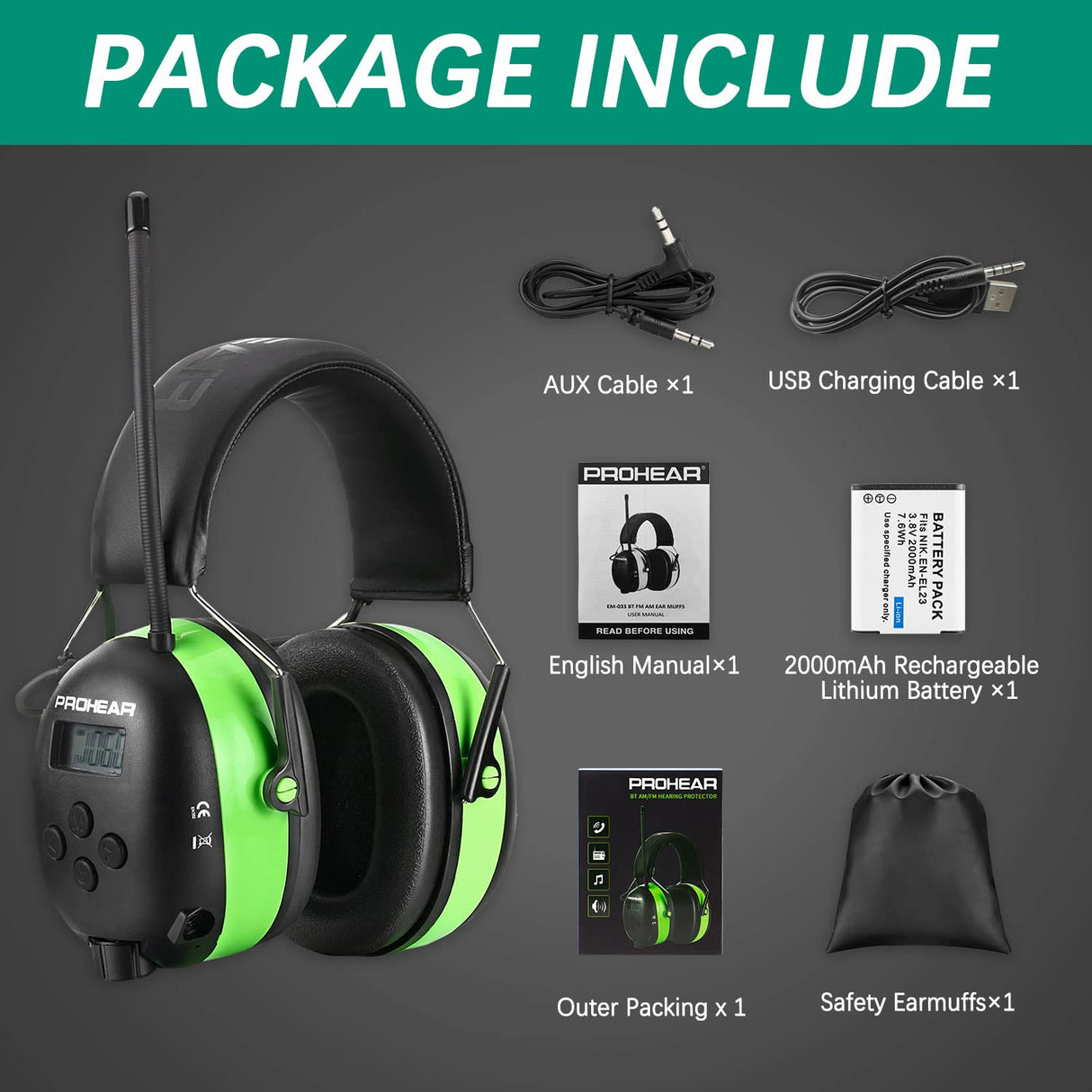 PROHEAR 033 Upgraded 5.4 Bluetooth Hearing Protection AM FM Radio Headphones, Noise Reduction Safety Earmuffs with Rechargeable 2000mAH Battery, 31dB SNR Ear Protector for Mowing Lawn,Gifts for Father