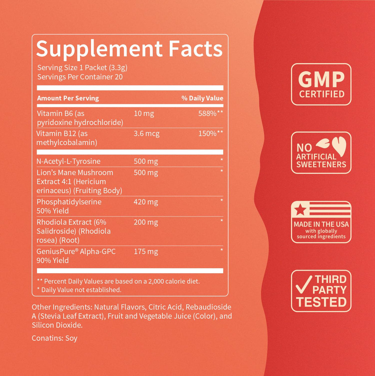 Nello SuperFocus Focus Drink Mix – Fruit Punch Flavor – Alpha GPC, Lion’s Mane, Rhodiola & N-Acetyl L-Tyrosine – Sugar-Free, On-the-Go Packets – 20 Servings