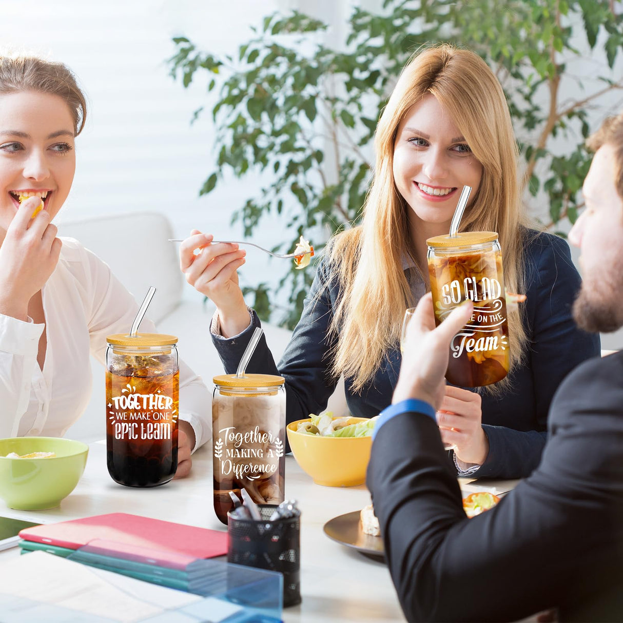 Purpeak 12 Set Employee Appreciation Gifts Christmas Appreciation Cups for Team Thank You Gifts Glass Cups for Staff Coworker 16 oz Can Shaped Beer Glass with Lids Straws Brushes(Mixed Style)