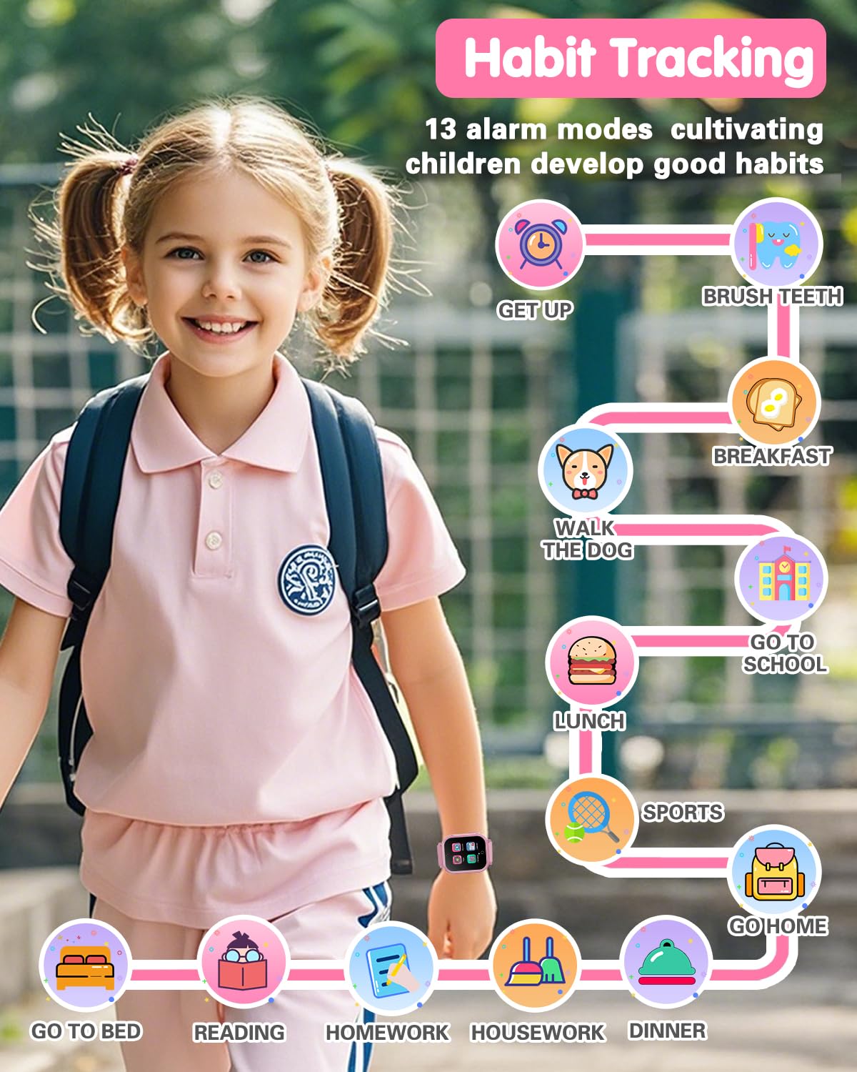 Kids Waterproof Smart Watch Girls Toys Age 6-8, Kids Watch with 32 Games Dual Camera HD TouchScreen Music Habit Tracking Alarm Pedometer Christmas Birthday Gifts Ideas for Girls 3-12 Year Old(Pink)