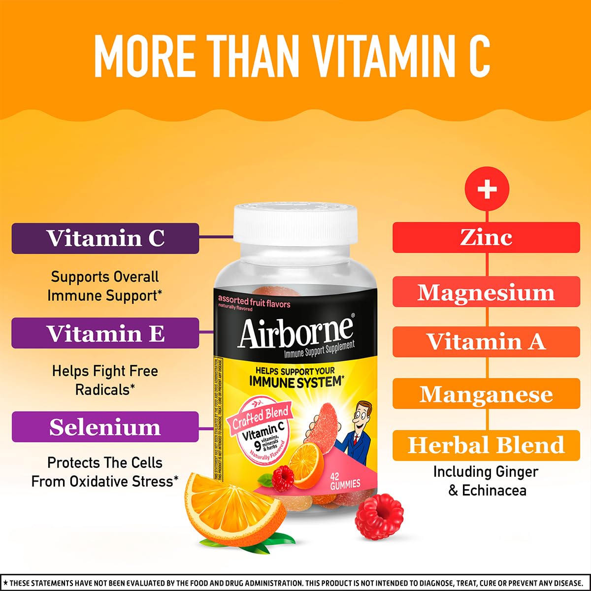 Airborne 750mg Vitamin C Immune Support Supplement Gummies for Adults, Assorted Fruit Flavor, Gluten Free Crafted Blend with Powerful Antioxidants Vitamins A C & E, 42 Gummies (3 Pack)