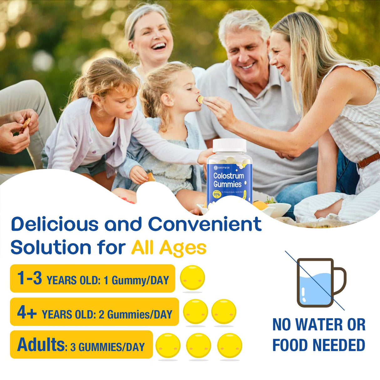 Bovine Colostrum Supplement Gummies - with 60% Highest IgG, Lactoferrin, Probiotics and Prebiotics for Adults and Kids, Vanilla Flavor & Sugar Free, 2 Pack