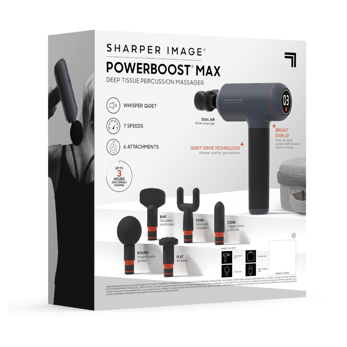 Sharper Image Powerboost Max Massage Gun - 6 Attachments, 7 Speeds, Quiet Motor| Deep Tissue Percussion Massager| Handheld Massage Tool for Back Shoulder Legs Full Body| Muscle Recovery & Pain Relief