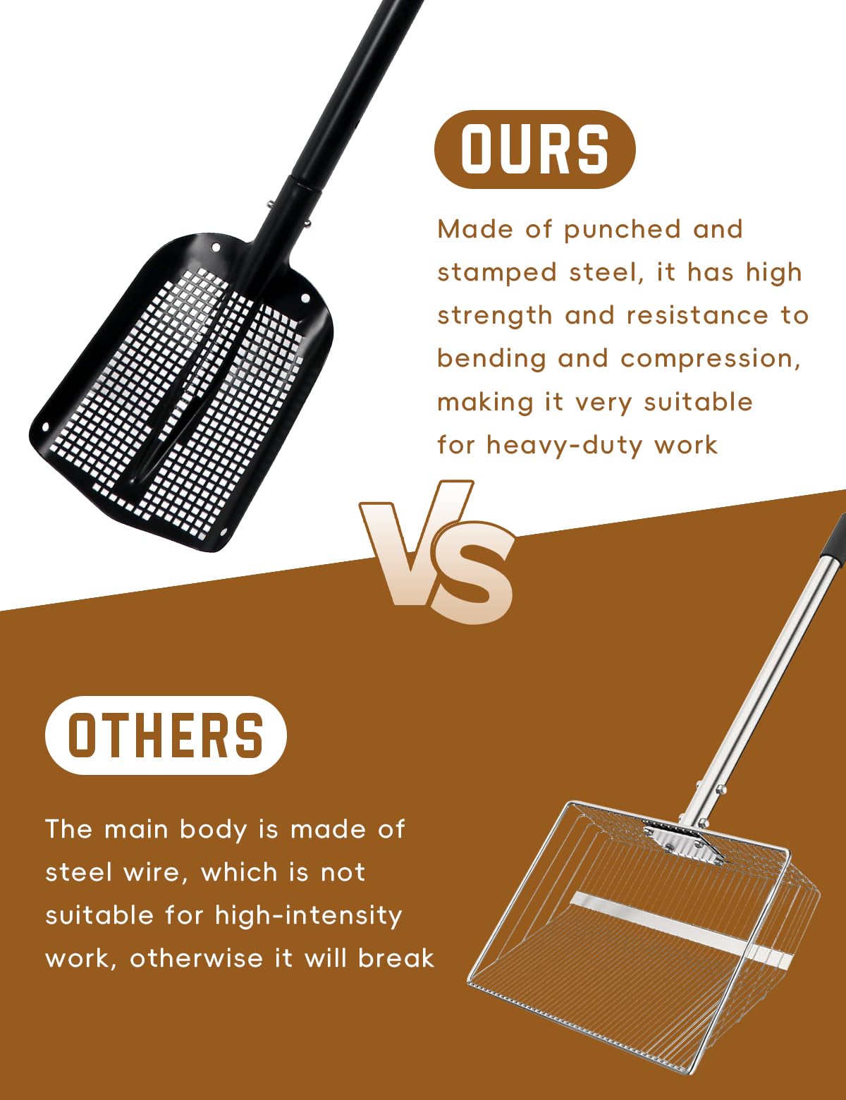 Heavy Duty Sifting Shovel with Adjustable Handle (26"-48") – Metal Sand Sifter Scoop with D-Grip for Chicken Coop, Beach, Farm Goat Stall & Garden Poop Cleaning – Durable Mesh Design