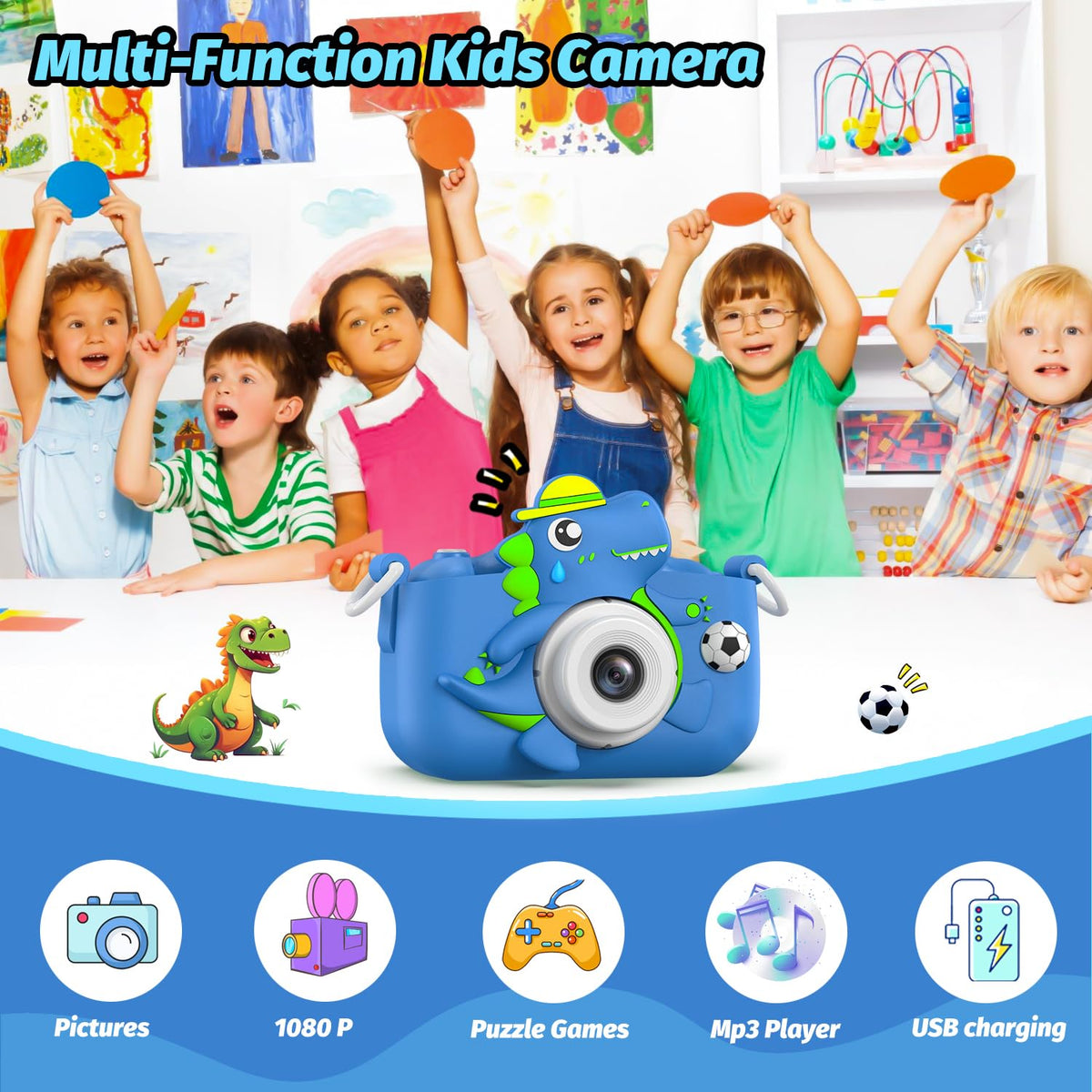 Dinosaur Kids Camera for Boys Girls, Toddler Digital Selfie Camera with Cute Protective Cover and SD Card, Christmas Birthday Gifts Toys for 3 4 5 6 7 8 9 10 11 12 Years Old Little Girls and Boys