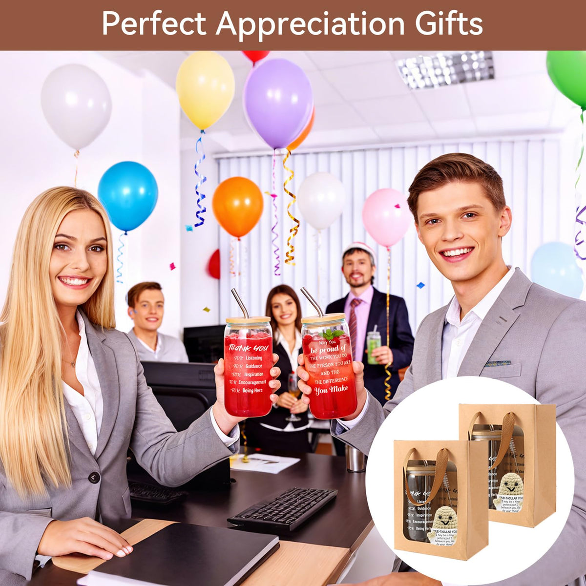 42 Pcs/6 Sets Employee Appreciation Gifts Bulk - Includes 16oz Glass Cups with Bamboo Lid, Positive Crochet, Inspirational Notebooks with Pens, Kraft Paper Gift Bags & Straw - Thank You Gifts for Coworkers, Teachers, Staff & Team