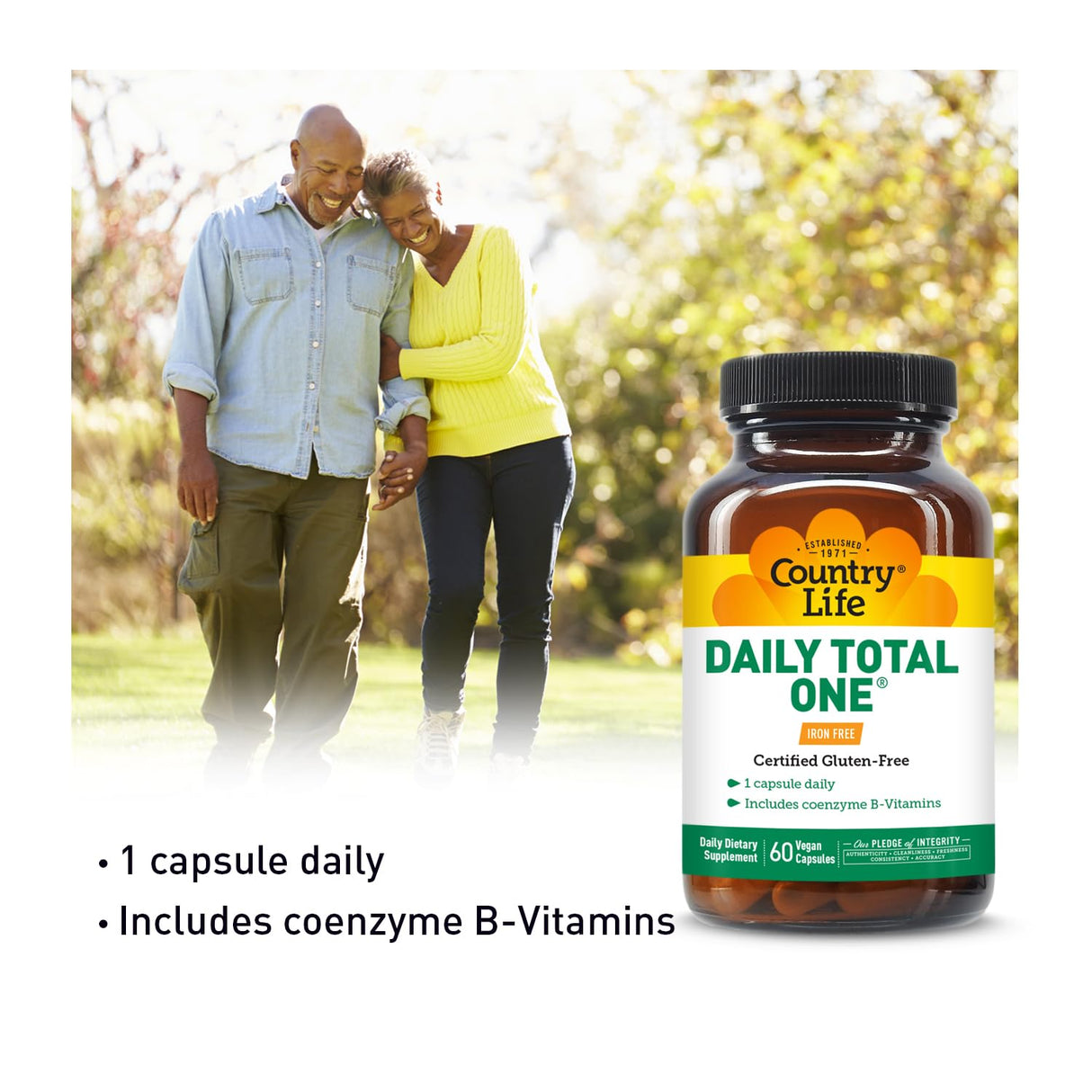 Country Life Daily Total One Multivitamin, Iron Free Once a Day Multivitamin & Multimineral Complex, Vitamins A, C, D, Including Coenzyme B-Vitamins, Supports Energy Metabolism, 60 Vegan Capsules