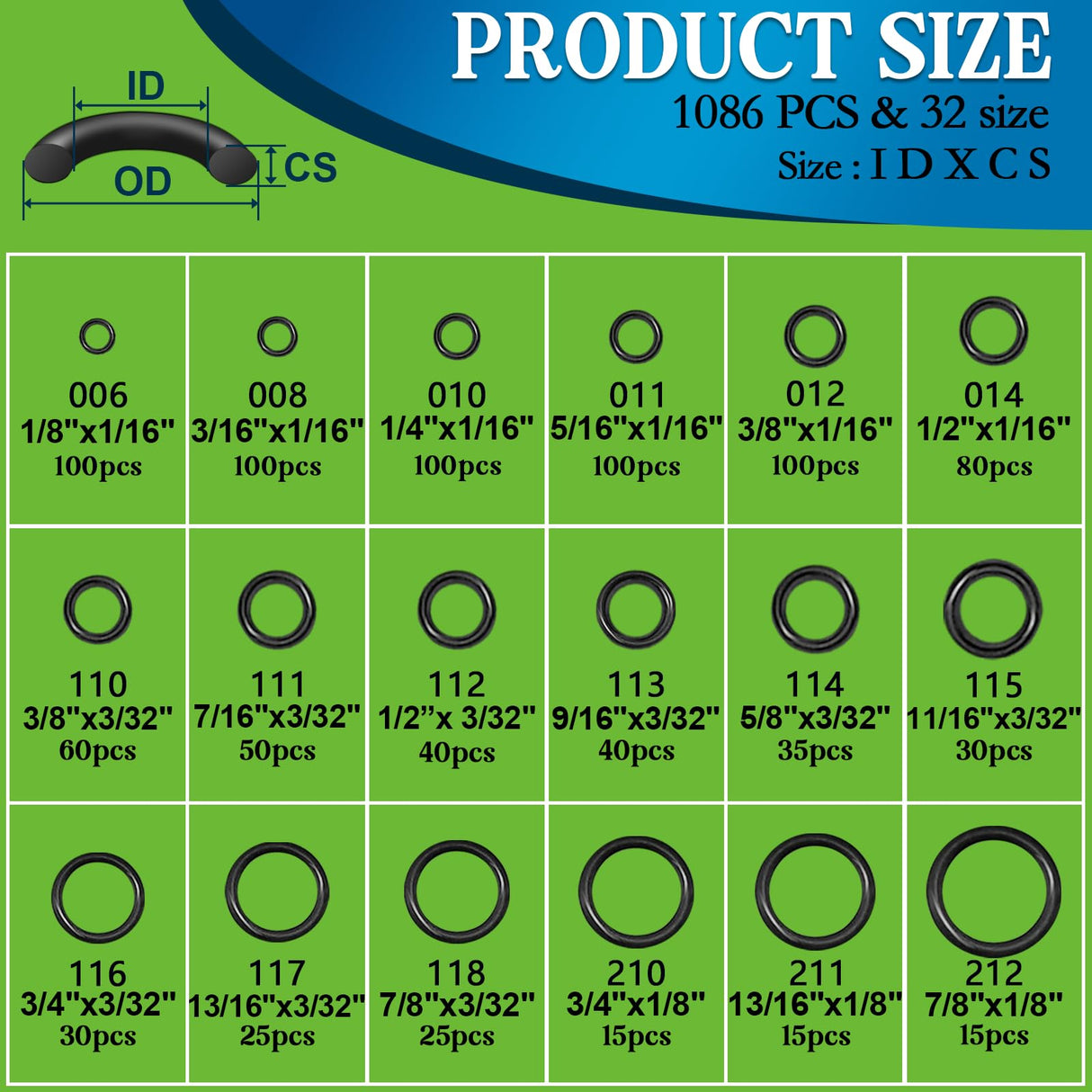 ZDBB 1086 Pcs SAE Standard O Ring Kit Nitrile Rubber O-Rings Assortment with O‘Ring Pick for Hydraulic Automotive Plumbing Faucet Seal Repair 32 Size Inch ID:1/8”-2”