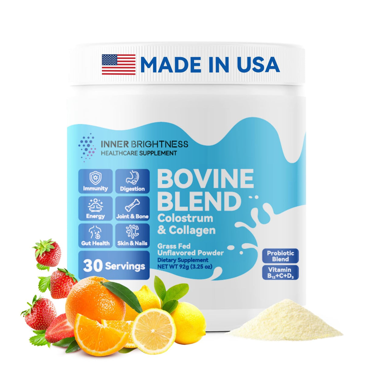 Inner Brightness Bovine Colostrum & Collagen Powder for Gut Health, Immune Support, Hair Growth & Beauty Supplement, Sugar Free – IgG, Probiotics, Vitamin B12, C, D3 – Unflavored, 30 Servings