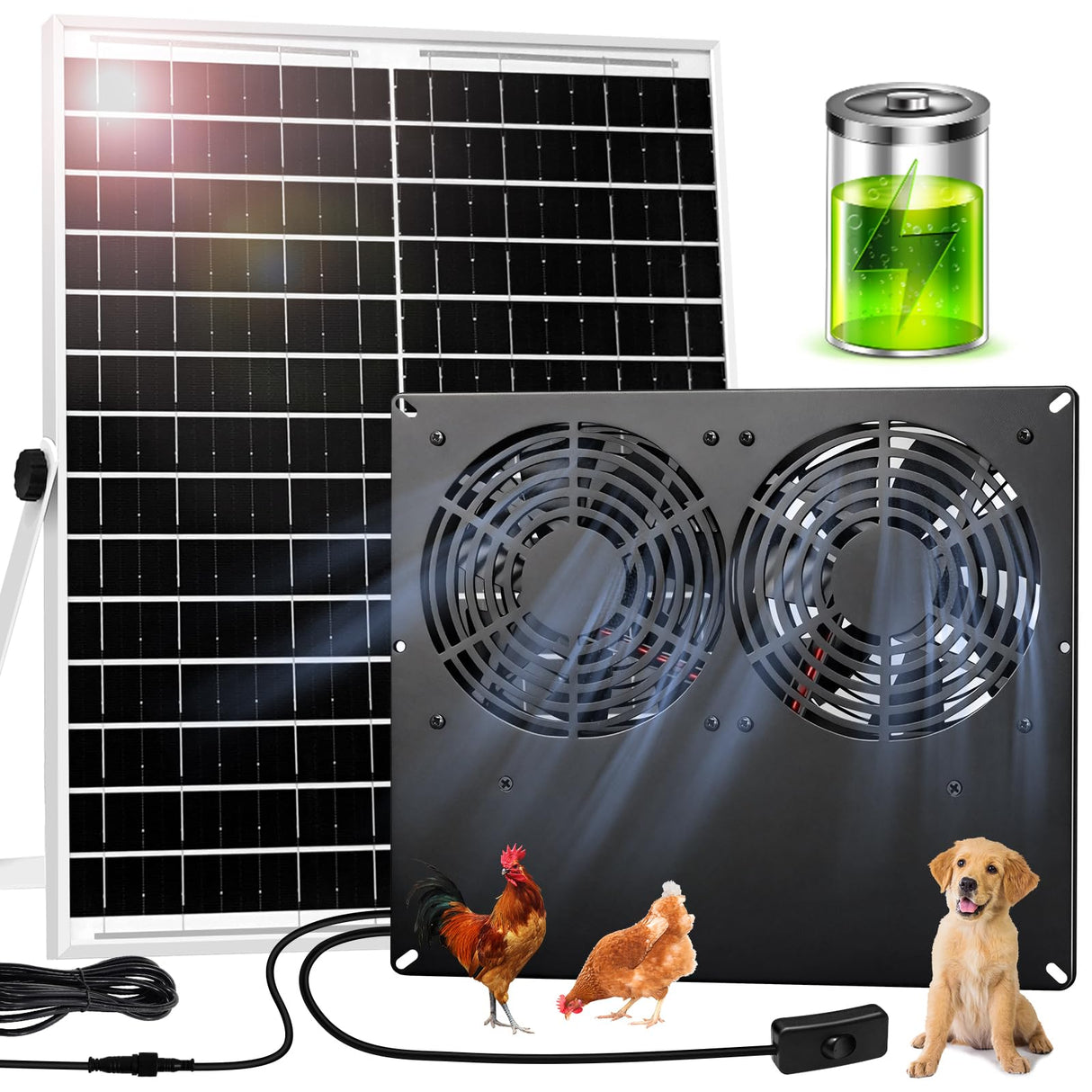 25W Metal Frame Solar Powered Fan with Battery, IP65 Waterproof Solar Exhaust/Intake Fan for Chicken Coop, Greenhouse, Dog House and Shed, Low Noise (16.4FT Cord)