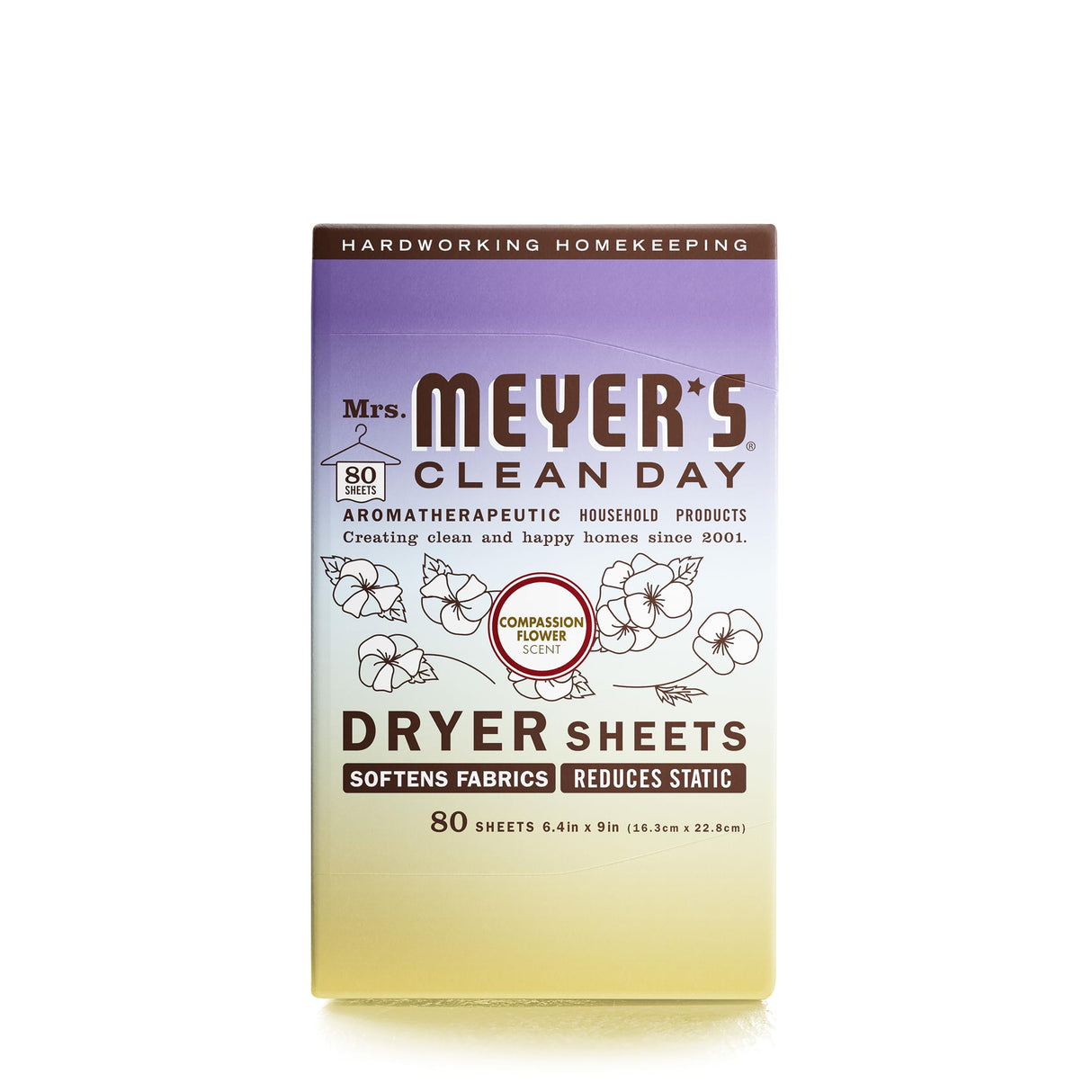 MRS. MEYER'S CLEAN DAY Dryer Sheets, Fabric Softener, Reduces Static, Infused with Essential Oils, Compassion Flower, 80 Count