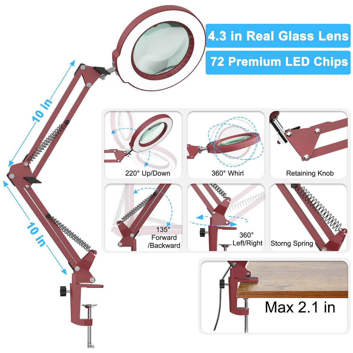 10X Magnifying Glass with Light and Clamp, Real Glass Stand Lighted Magnifier, 5 Color Modes Stepless Dimmable LED Desk Lamp Hands Free for Crafts Hobby Reading Painting Sewing Close Work - Red