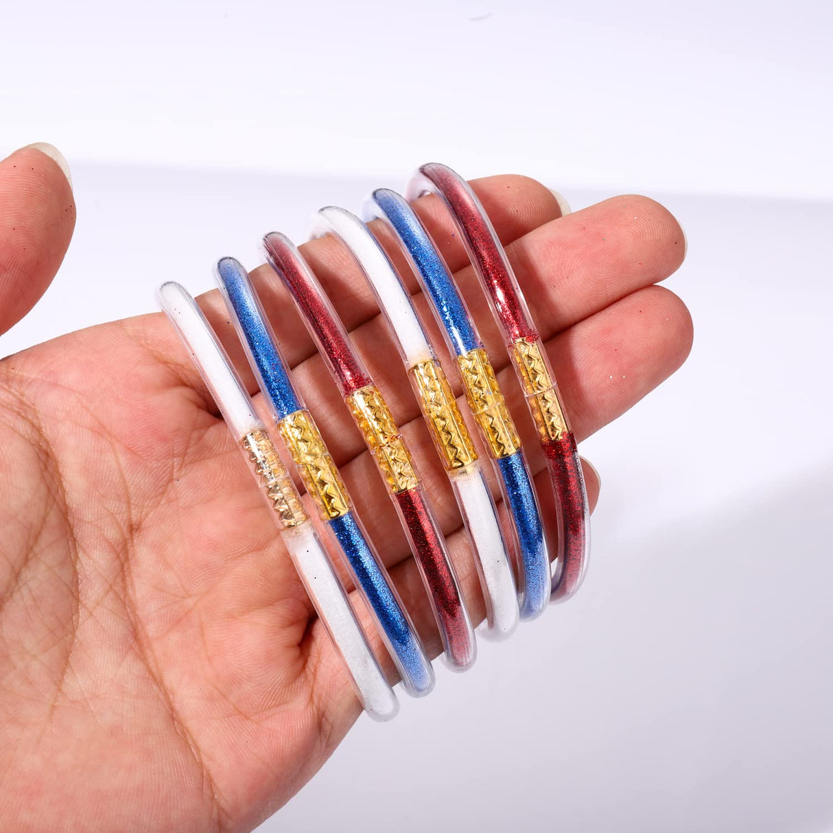 FAERLIIRY American Flag Bracelets Glitter Jelly Bangles Bracelets 4th of July Patriotic Bracelets for Women USA Red White Blue Bracelets Independence Day Jewelry Gifts (Patriotic-6PCS)