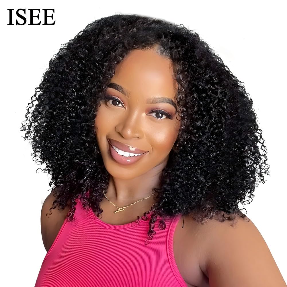 ISEE V Part Wig Human Hair Afro Curly Minimal/No Leave Out Upgrade U Part Wig for Black Women Human Hair V Shape Wig Kinky Curly Thin Part Glueless Clip In Half Wig 180% Density Natural Color 24 Inch