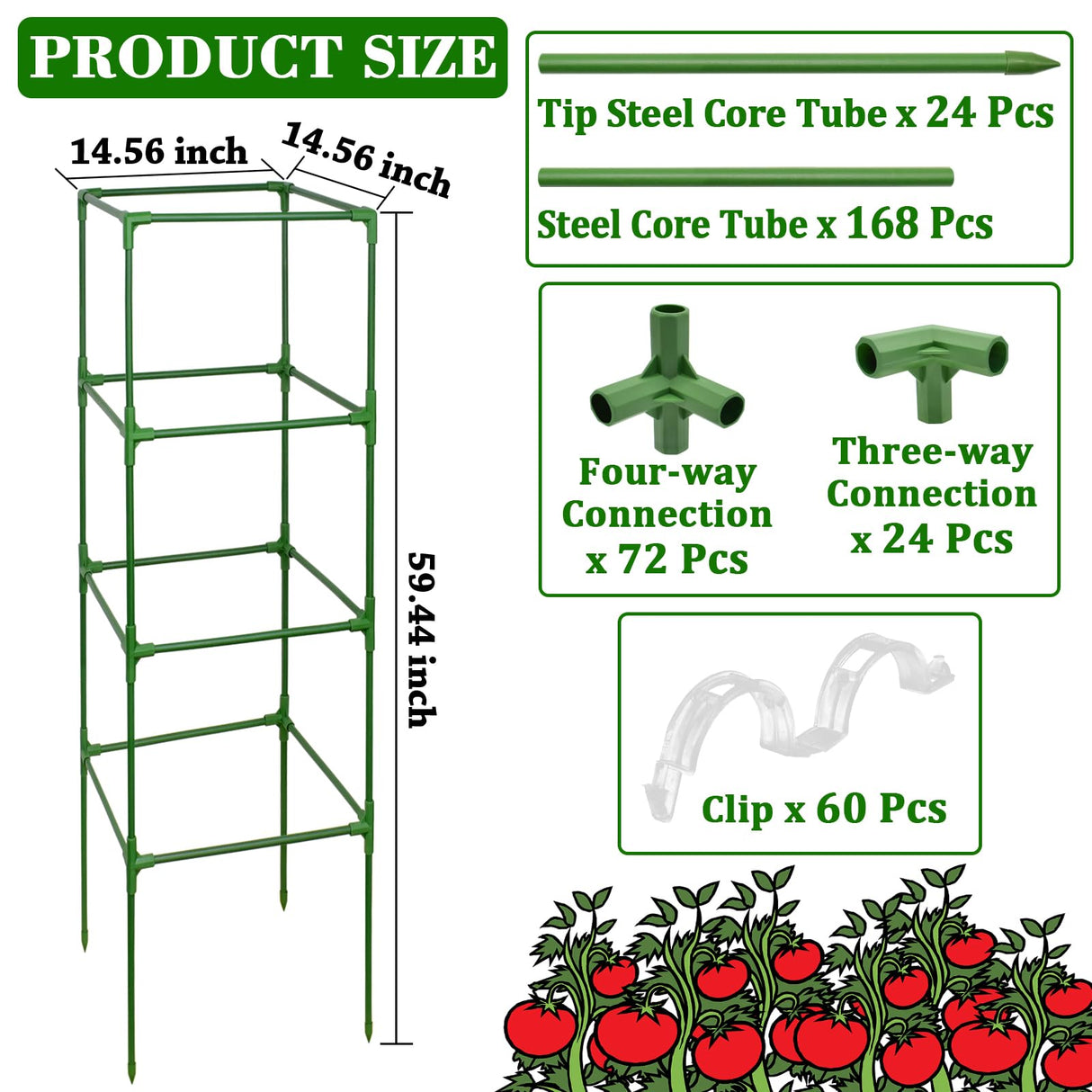 ZeeDix 6 Pack 60 Inch Heavy Duty Tomato Cages for Garden with Clips
