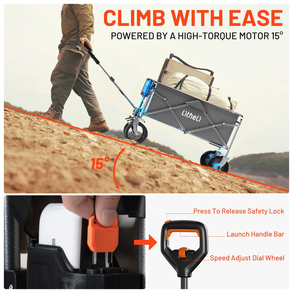 Litheli Electric Collapsible Wagon Cart with Brakes, 100L Grocery Cart with Wheels,Easy to Carry Folding Wagon for Camping, Gardening, Shopping
