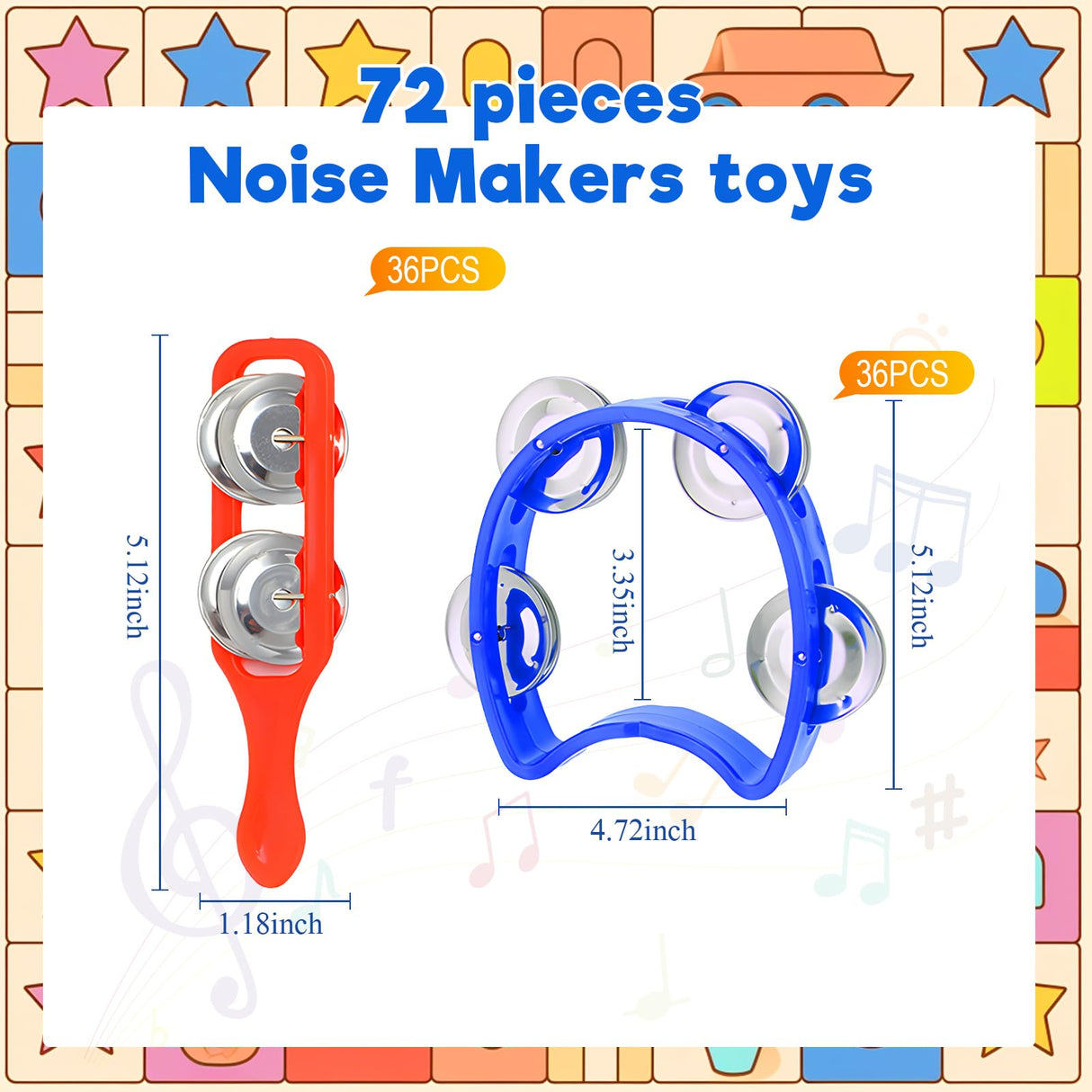 Lukmaa 72 Pcs Christmas Tambourines Bulk, 36 Plastic Hand Bells 36 Cymbals Musical Toy Instruments for Church Sunday School, Education Activities, Christian Charity Donation(Round)
