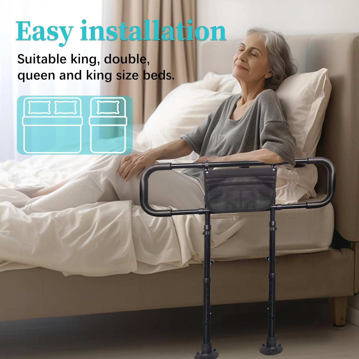 Bed Rails for Elderly Adults Safety with Adjustable Heights Storage Pocket Assist Support Side Railings for Seniors Citizens Slides Under Mattressbed Cane Bed Guard Bed Handles Bars (Black)