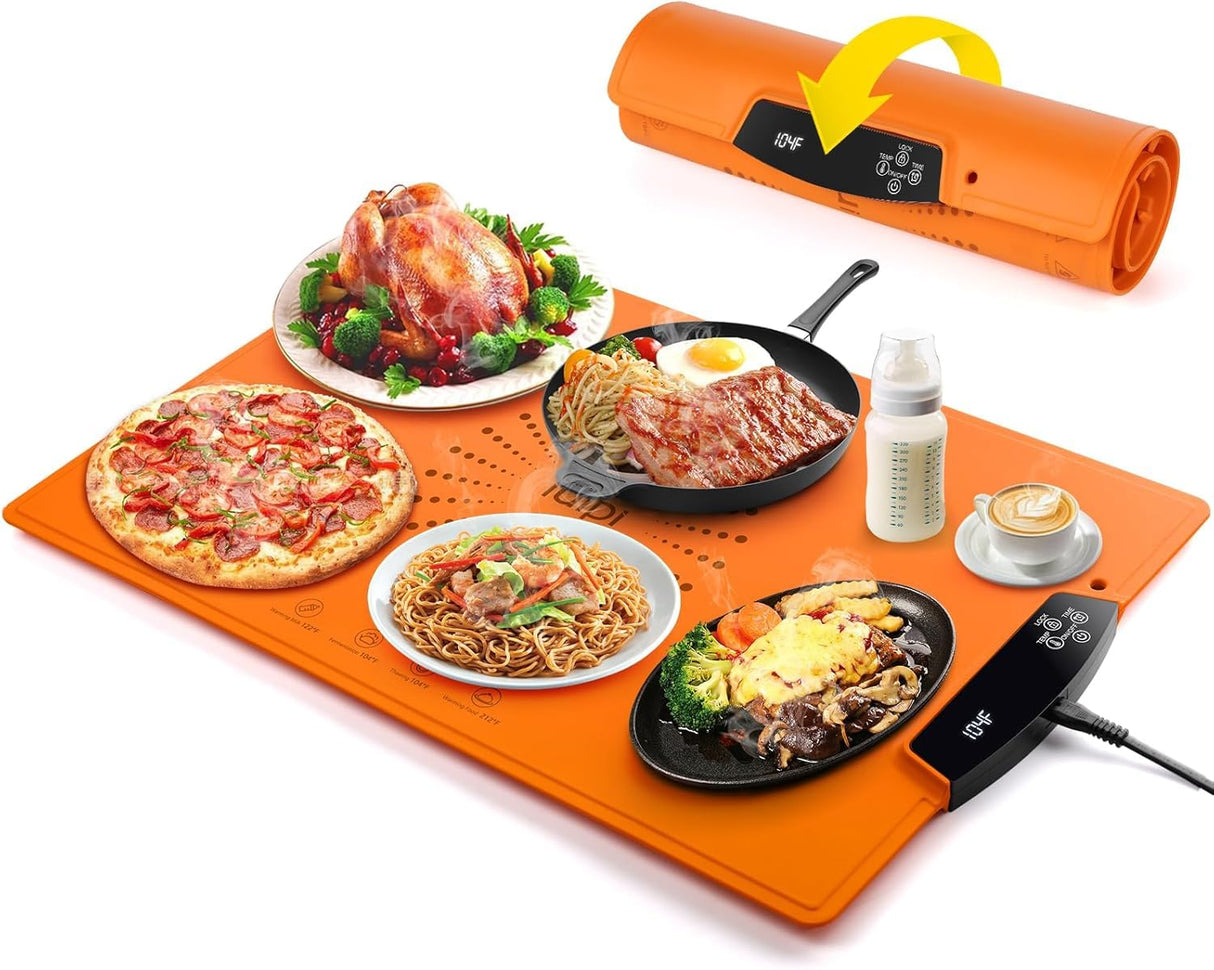 Warming Mat for Food, Large Electric Food Warmer with Adjustable 7 Tempmaster 2-12H Timer and Child-Lock Fast Full Surface Heating Roll Up Warming Trays for Buffets Party Countertop Gatherings