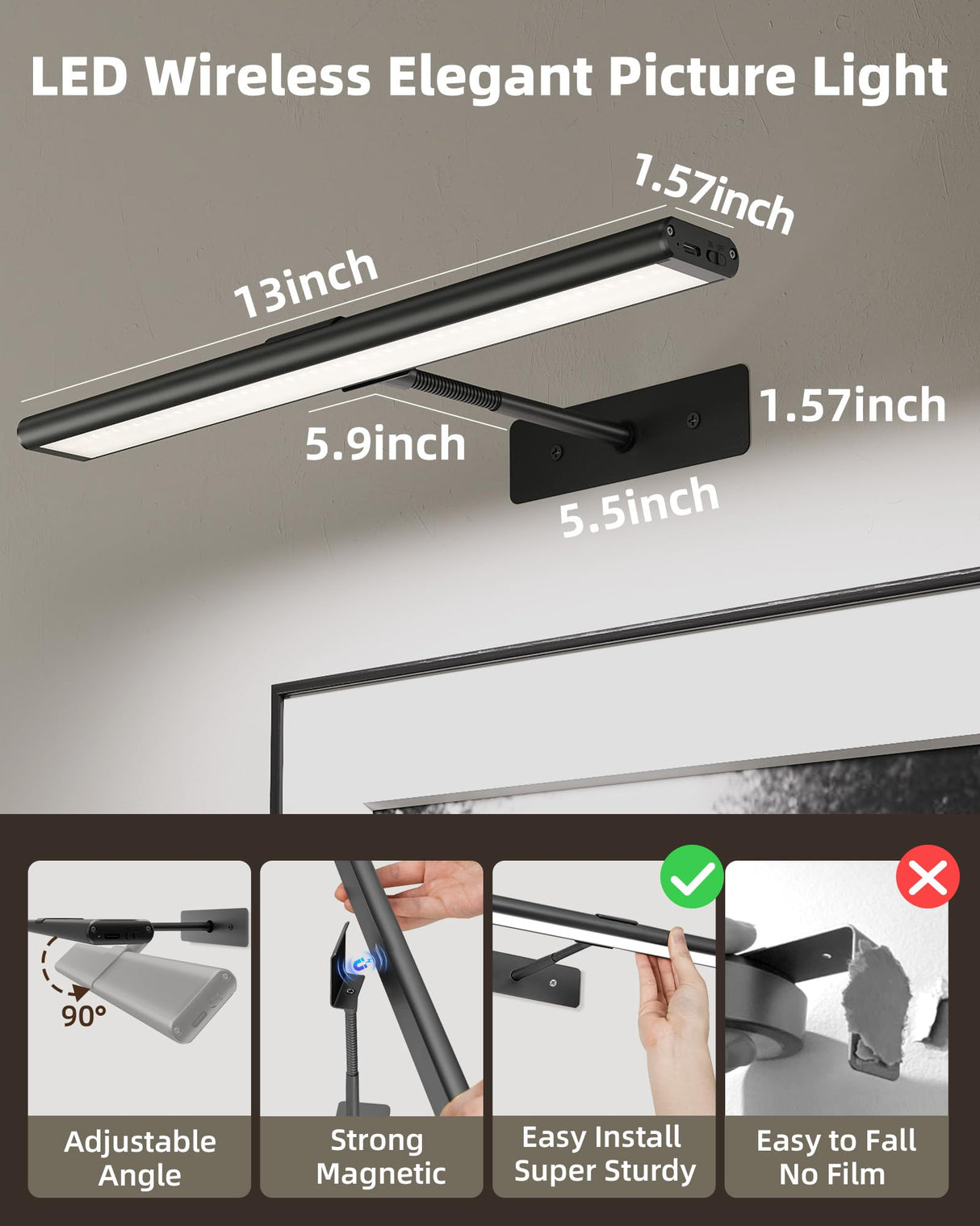 EZVALO Picture Light for Wall, 13'' Black Rechargeable 4800mAh Battery Lights Wireless with IR Remote, Magnetic LED Art Painting Light with 3 Color Temperatures, Display for Gallery, Living Room