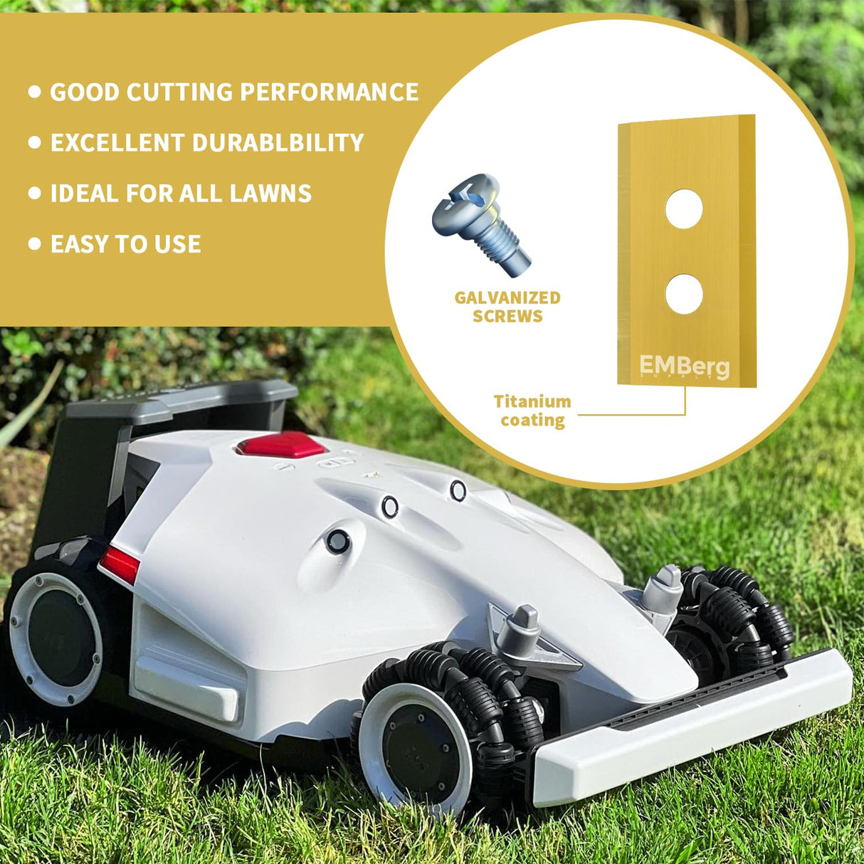 EMBerg Blades for Luba - Titanium Coated - 48 Blades (6 Sets) Robotic Lawn Mower Blade Compatible with Mammotion Endurance - Fits AWD 5000, 3000, 1000 - Replacement Blades for Superior Performance