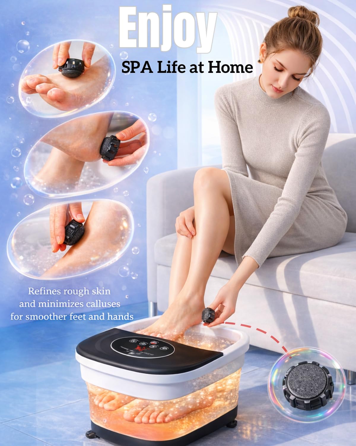 SPA4PIEDS Collapsible Heated Foot Spa Bath with Bubble, Foot Soaking Tub Featuring 8 Shiatsu Rollers, Pumice Stone and Built-in Timer for Mom, Dad and Foot Relaxation (Black)
