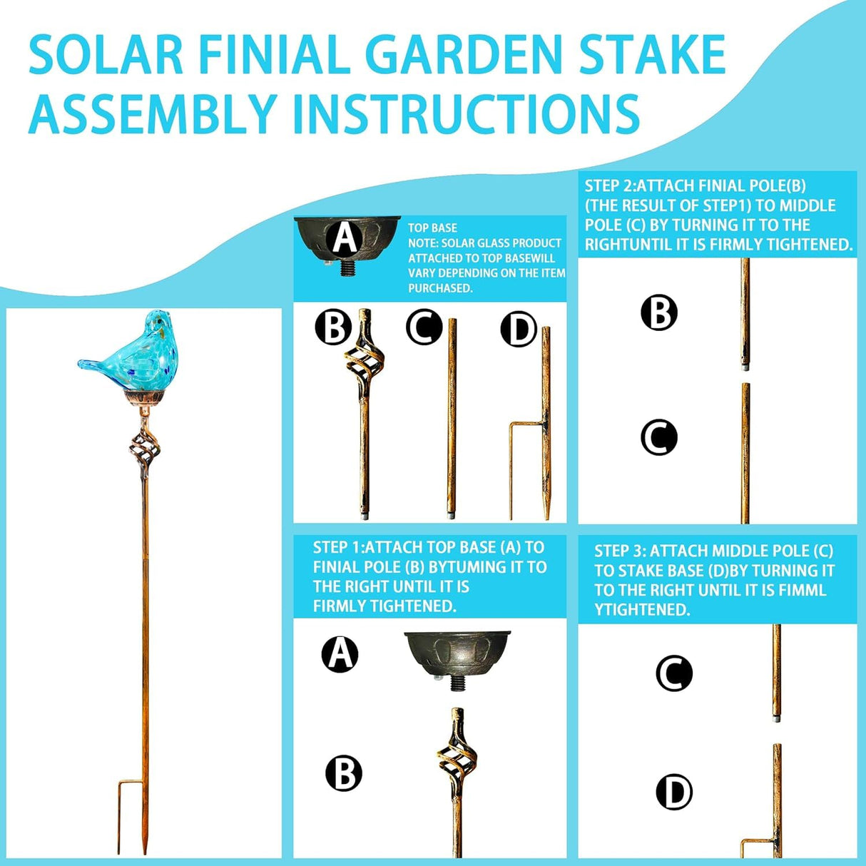 Garden Solar Lights,Solar Garden Stake Lights - Hand Blown Glass Decorative Garden Pathway Lights Outdoor Waterproof Sky Blue Bird Glass Stakes