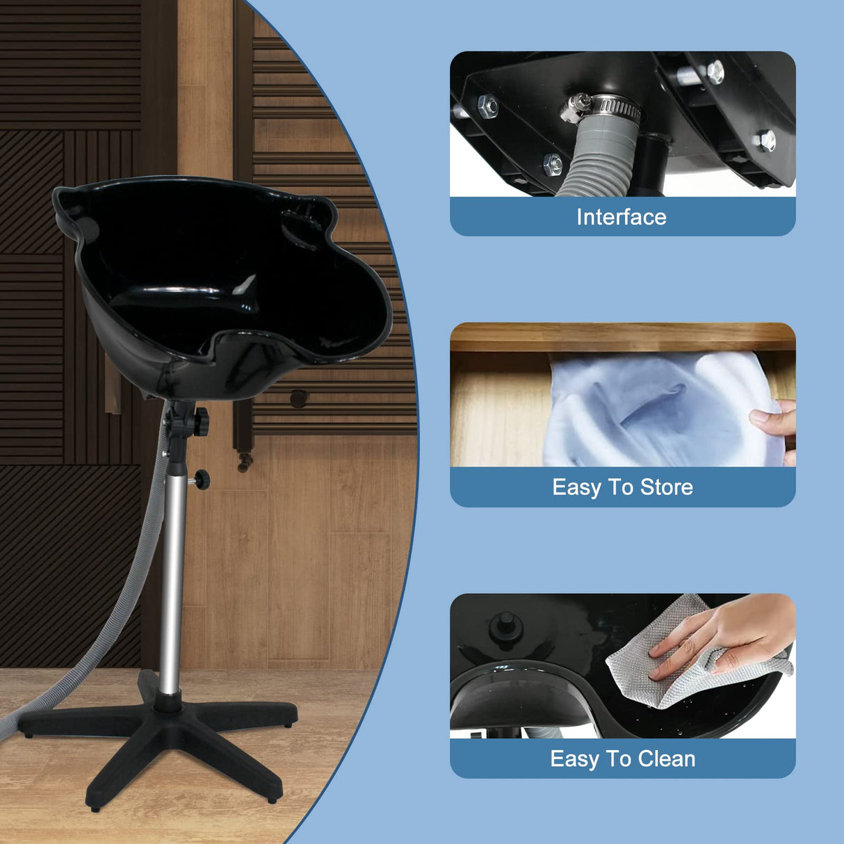 Height Adjustable Portable Salon Deep Shampoo Basin Sink Hair Treatment Bowl with Drain Hose Black