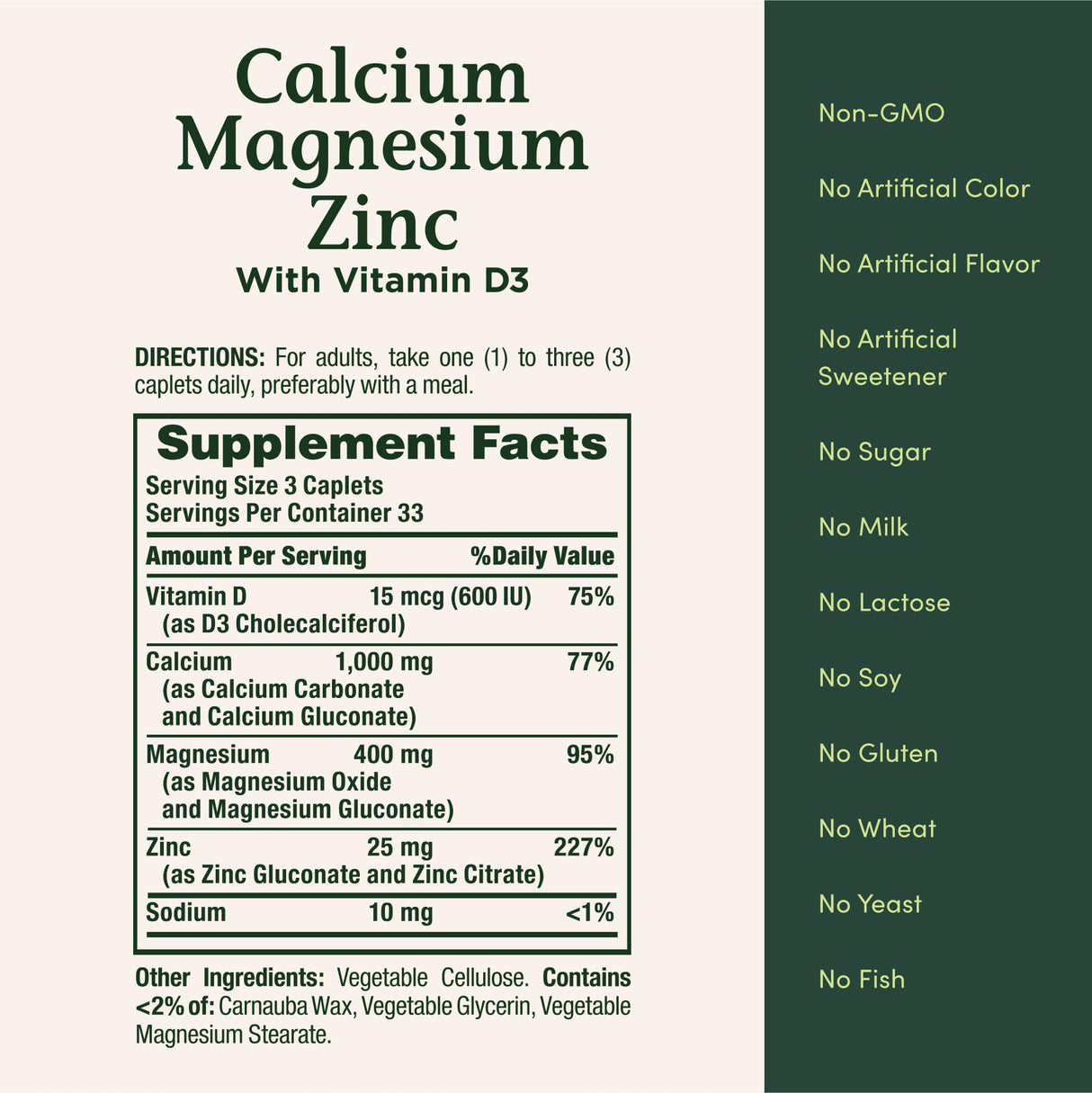 Nature's Bounty Calcium Magnesium & Zinc Caplets,Immune & Bone Health,Daily Supplement,1000mg Calcium,400mg Magnesium,600 IU Vitamin D,Gluten Free,100 Caplets,(Pack of 3)