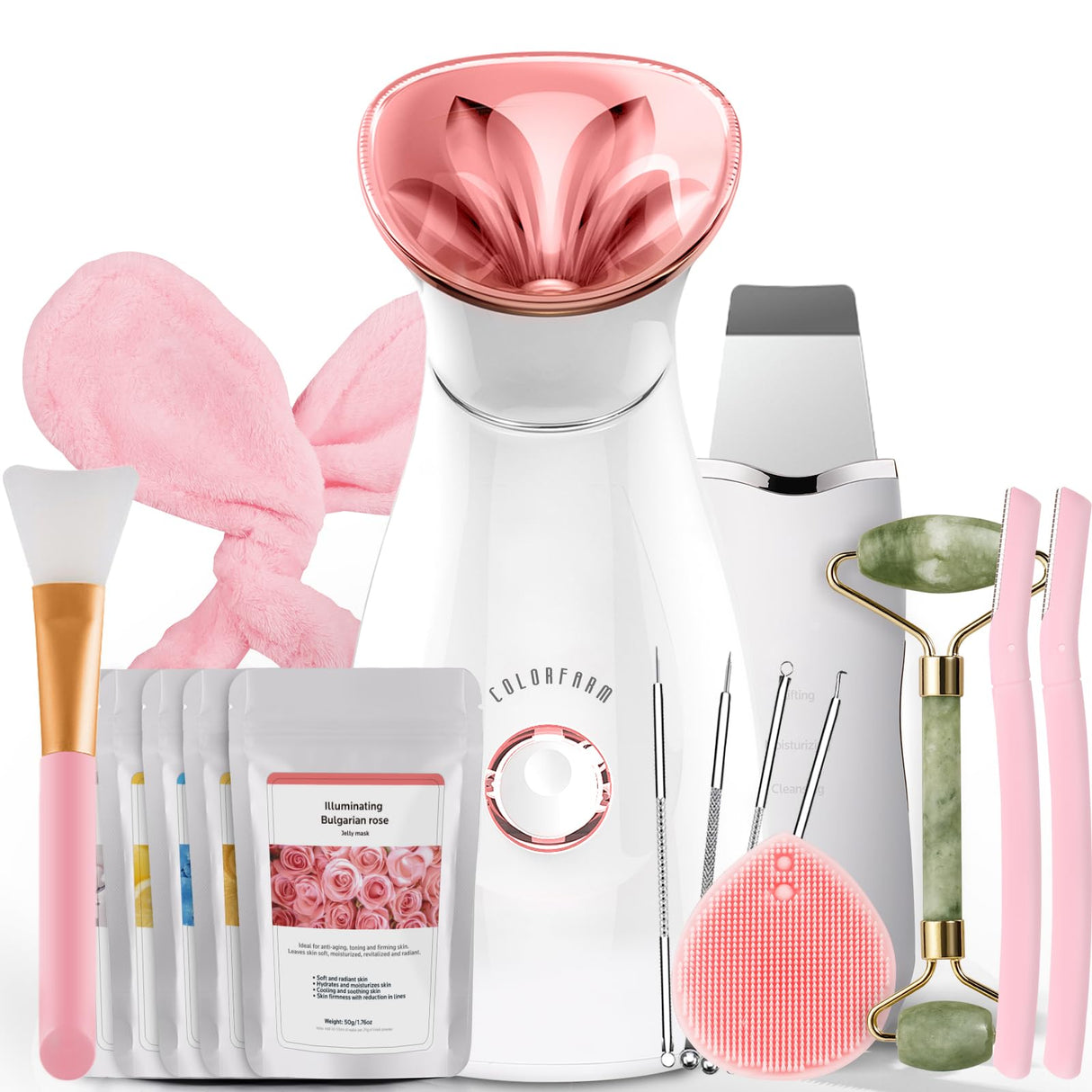 Colorfarm Facial Steamer Nano Ionic: Face Steamer Home Spa Kit Deep Cleaning Unclogs Pores Sinuses Inhaler with 8 Skin Care Tools - Self Care Gifts for Women (Deep Cleansing Facial Kit)