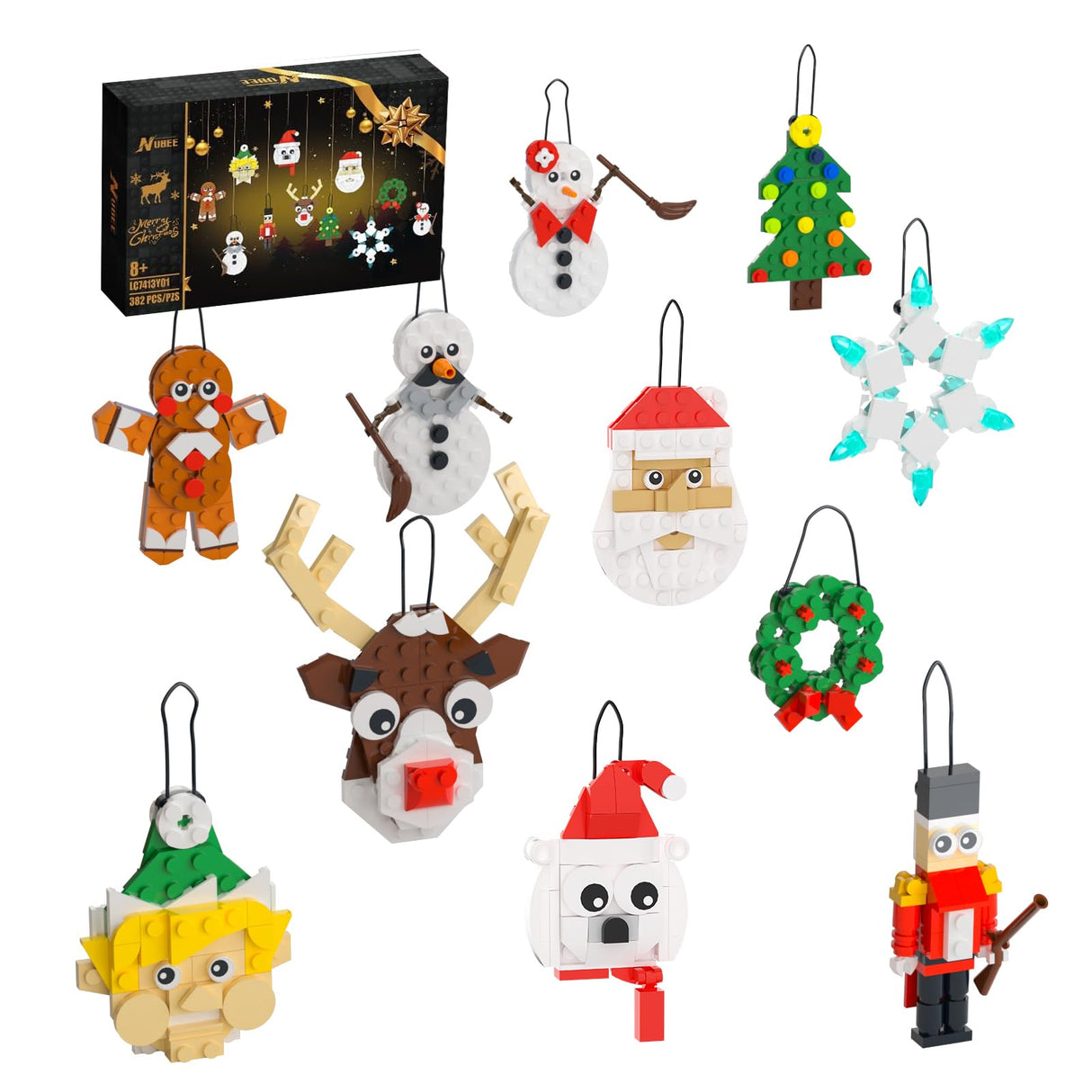 Christmas Ornaments Building Kit, Christmas Tree, Wreath, Santa, Snowman, Gingerbread, Reindeer, Nutcrackers, Snowflake 11-in-1. Stocking Stuffers Decor Toys Gifts for Boys Girls Kids.