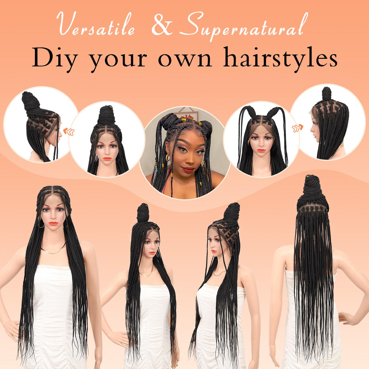 Brinbea 36'' 13X8" HD Lace Front Knotless Braided Wigs for Women Box Braid Wig with Baby Hair Braided Lace Front Wigs Human Hair Blended Braid Wig Natural Long Black