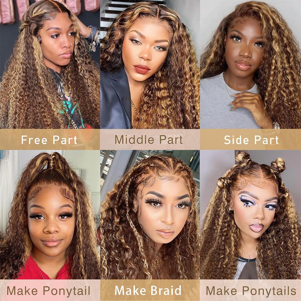 13x6 Highlight Lace Front Wig Human Hair 30inch 4/27 Ombre Deep Wave Lace Front Wig Human Hair Pre Plucked With Baby Hair 180% Density Honey Blonde Curly Human Hair Glueless Wigs (30 inch)