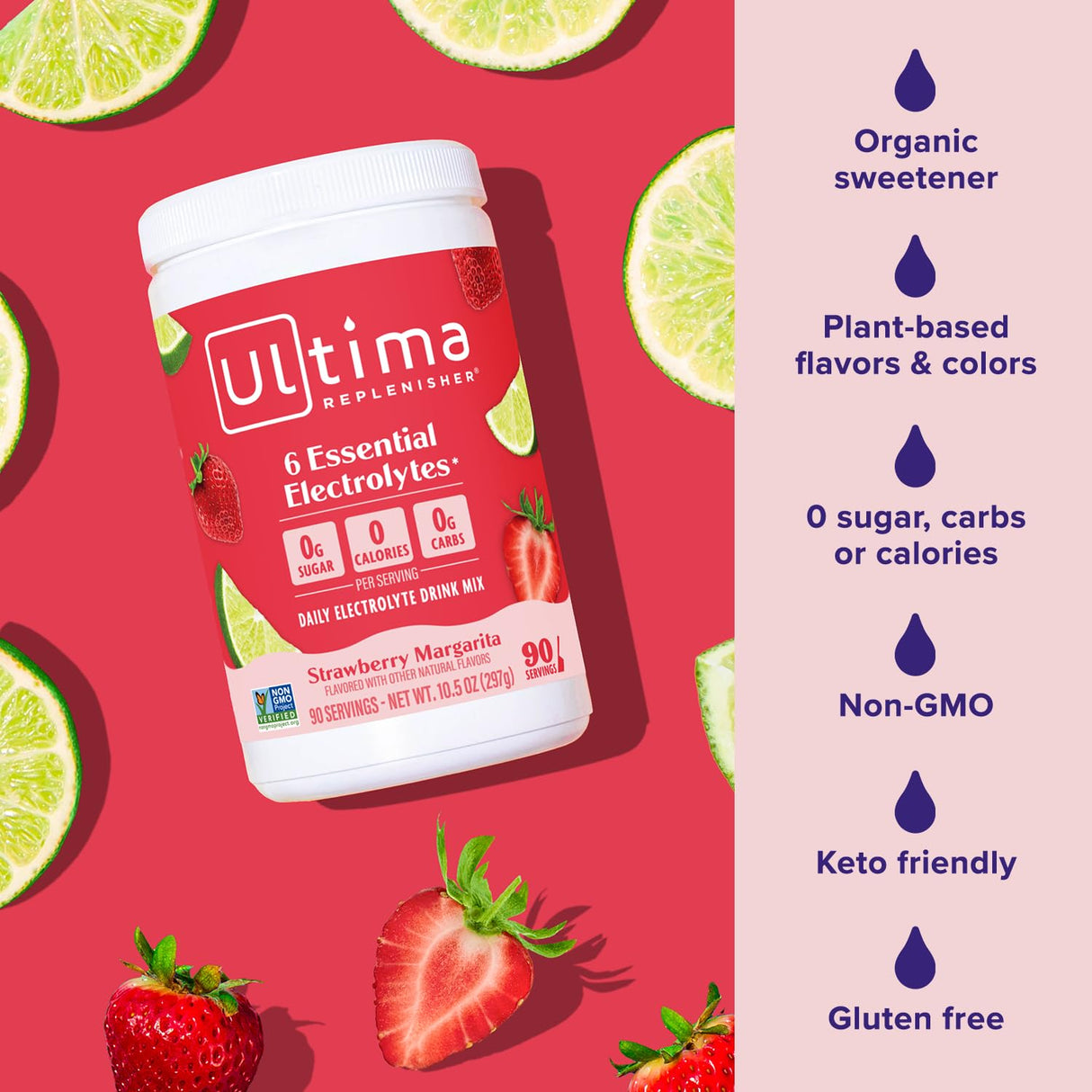 Ultima Replenisher Daily Electrolyte Powder Drink Mix – Sugar Free – Strawberry Margarita, 90 Servings – Hydration Powder with 6 Key Electrolytes and Trace Minerals – Keto Friendly, Non-GMO