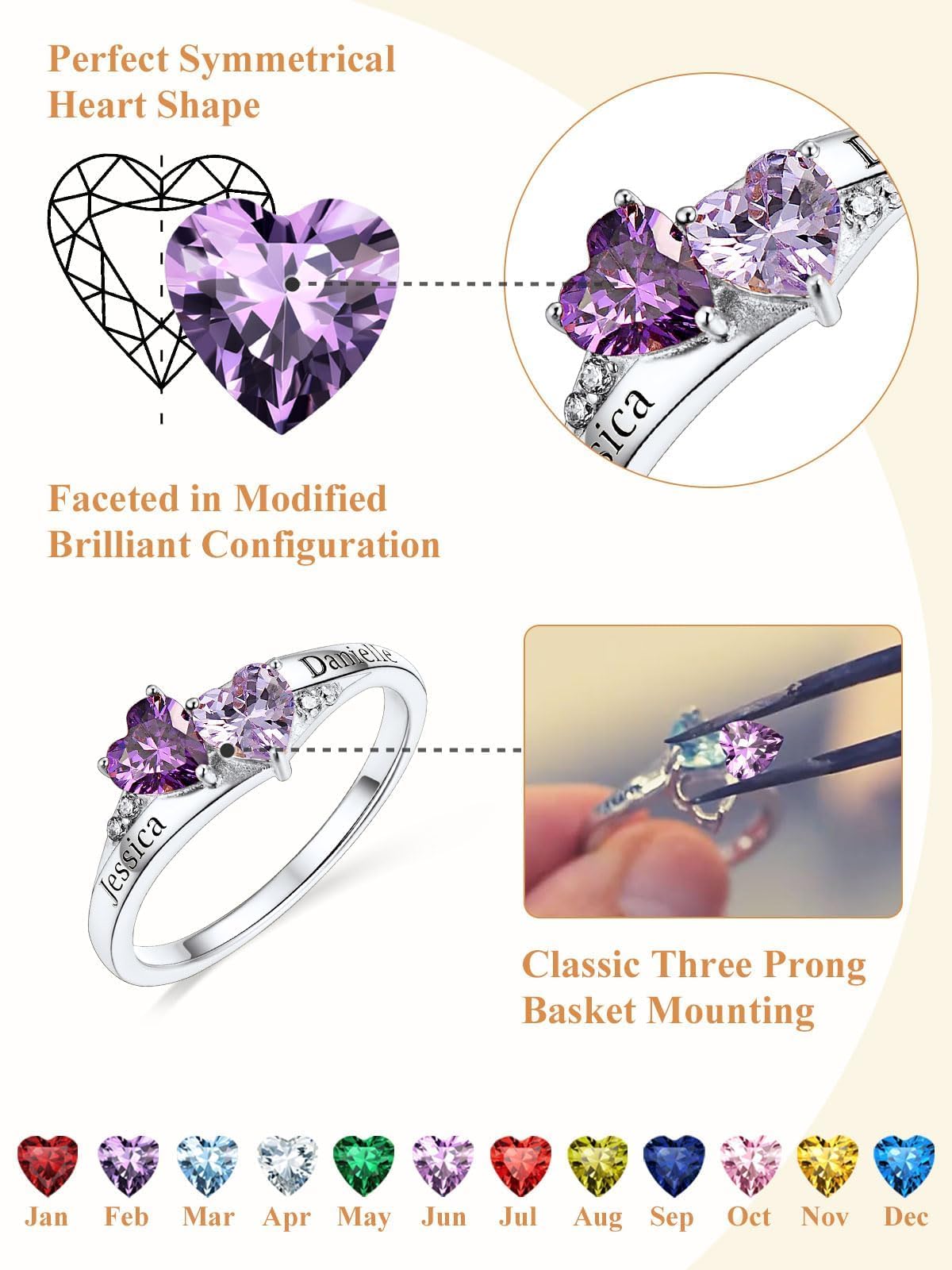 Custom4U Sterling Silver Rings for Women Personalized Name Ring with 2 Birthstones Engagement Promise Wedding Band Sparkling Jewelry Daily Wear