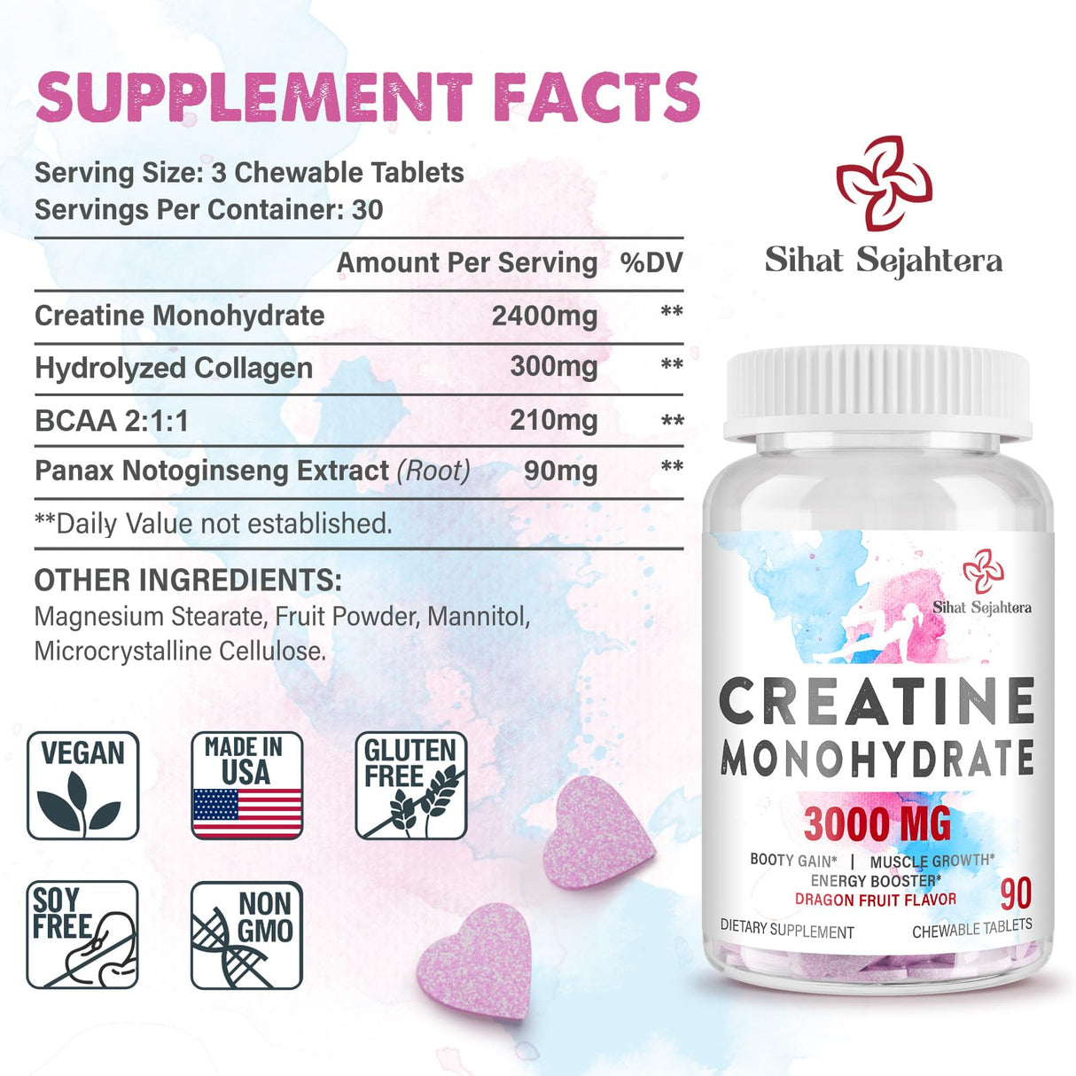 3000 MG Creatine Monohydrate for Women & Men, Creatine Pills with BCAA & Hydrolyzed Collagen Creatine Chews Tablets for Performance & Recovery, Strength, Dragon Fruit Flavor, 90 Tablets