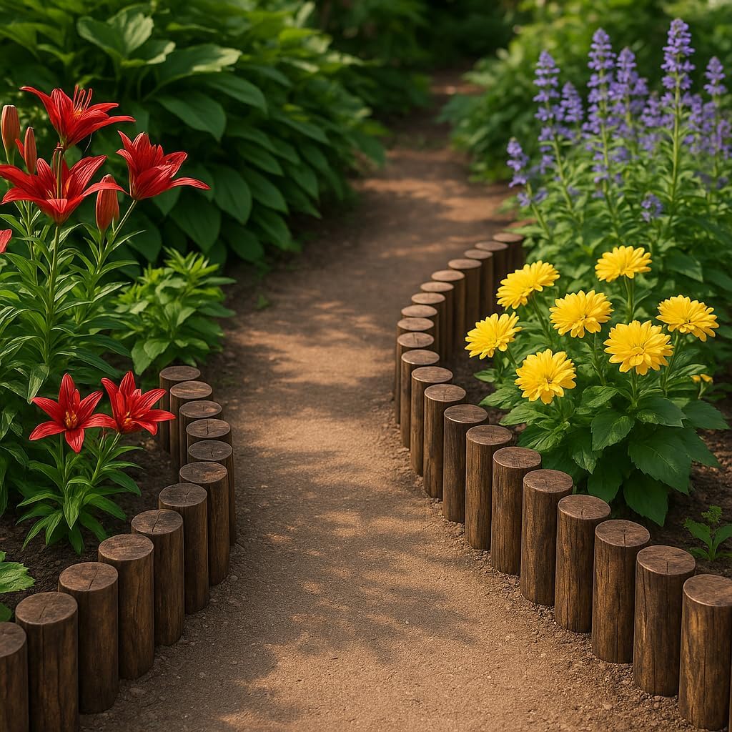 Wood Garden Edging, Natural Wooden Solid Log Fence Border Decorative for Flower Bed Barriers and Landscape Fencing, 6.9 in H x 3.0 ft L, 1.9 in Diameter (2PACK)