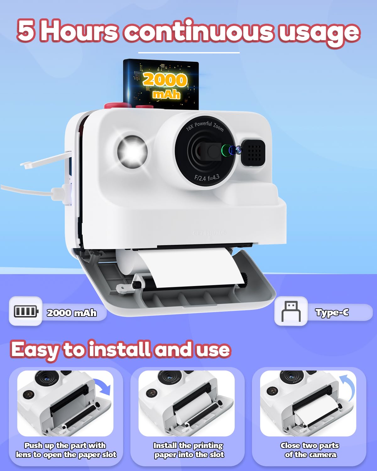 Dylanto Instant Print Camera for Kids,2.4 Inch Screen Kids Instant Cameras, Christmas Birthday Gifts for Girls Age 3-12, Portable Toddler Toy for 3 4 5 6 7 8 9 10 Year Old Girls Boys White
