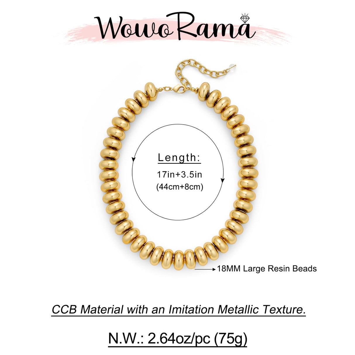 WOWORAMA Chunky Gold Beaded Necklace for Women Large 18MM Flat Abacus Bead Necklaces Metallic CCB Statement Necklace Trendy Chunky Choker Fashion Jewelry