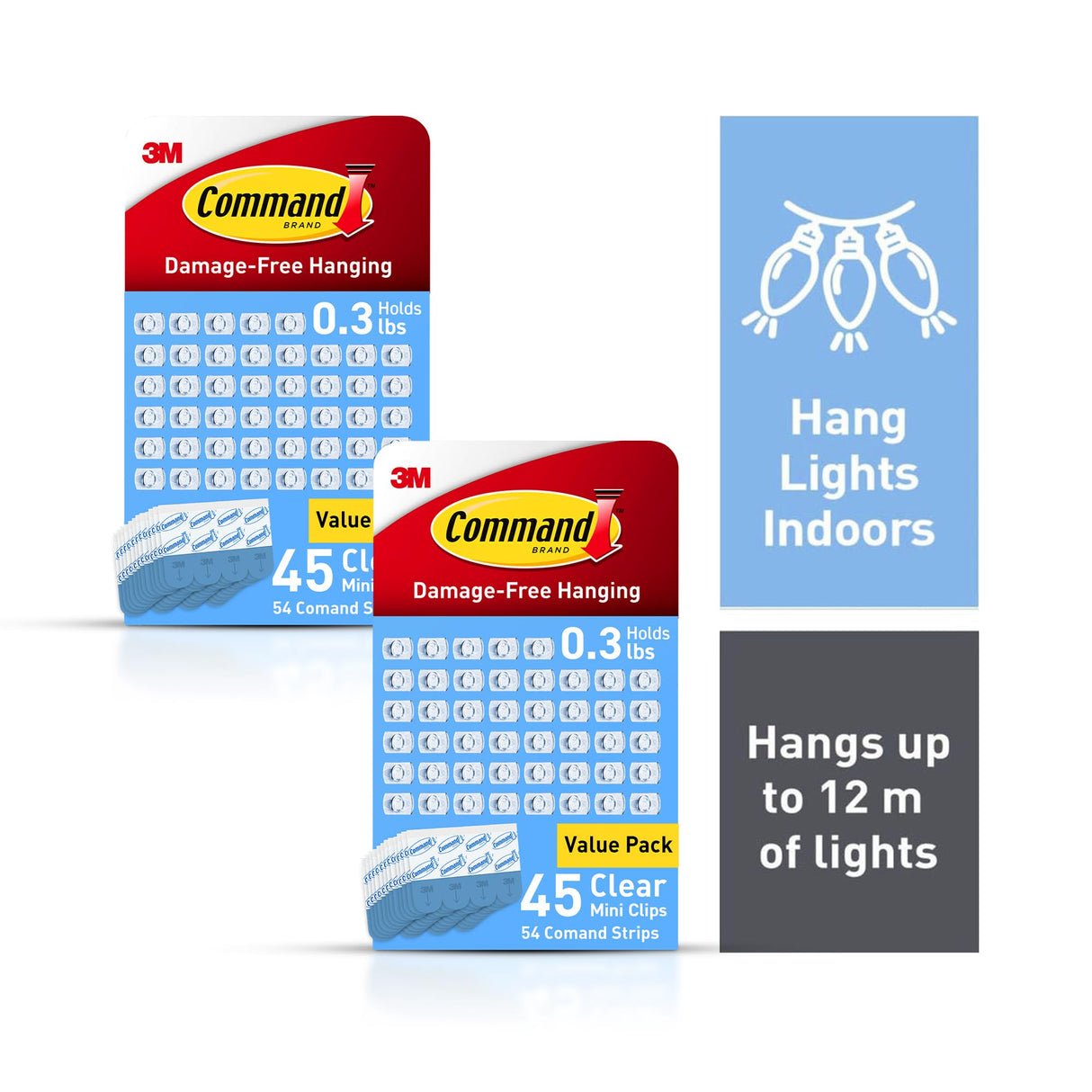 Command Indoor Mini Light Clips, Damage Free Hanging Christmas Light Clips, Mini Wall Clips for Hanging Indoor Christmas Decorations, Lights and Cables, 90 Clear Clips and 108 Strips