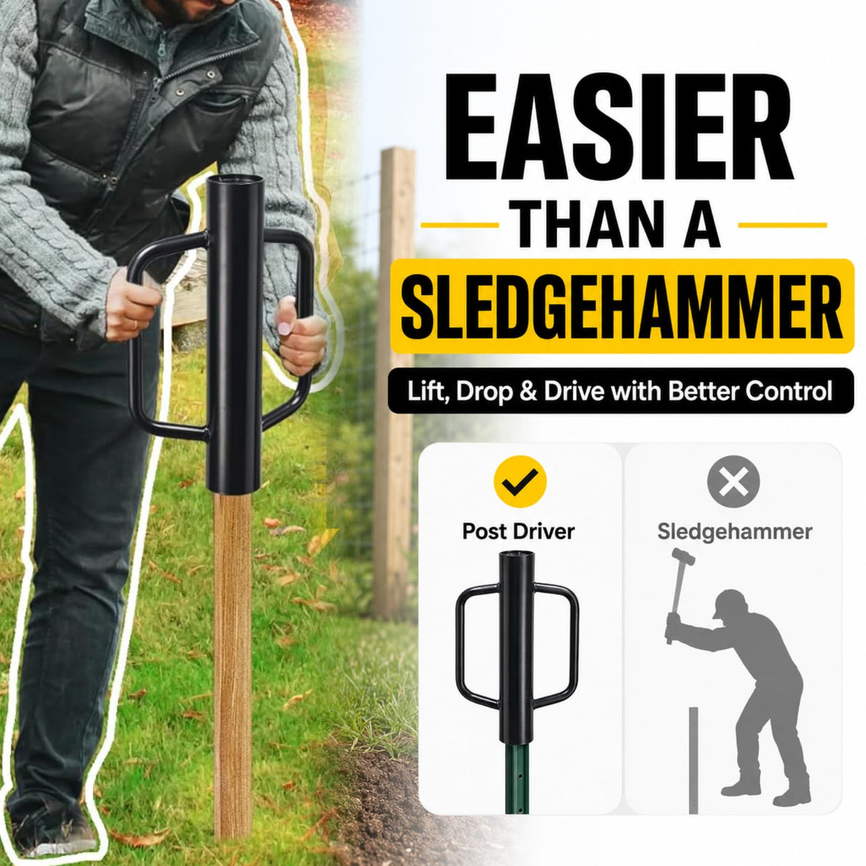 12 lb Steel Fence Post Driver, 17 in T-Post Pounder, 2.7" Inner Diameter