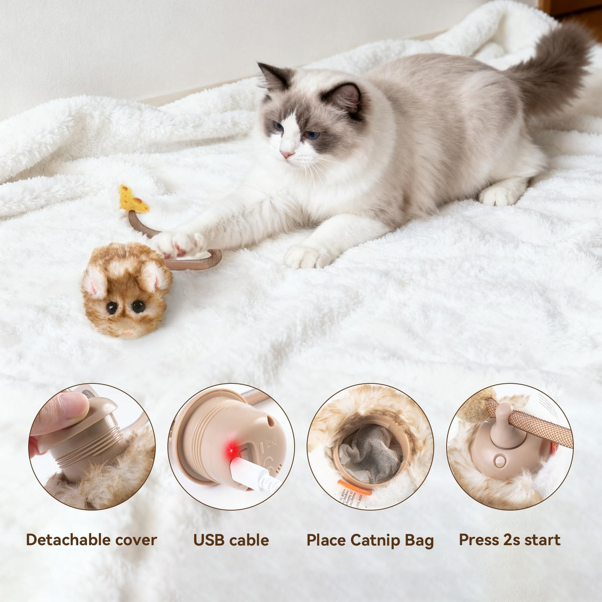 Migipaws Interactive MigiMouse Cat Toy 360° Rolling & Spin with Mesh Plastic Tail for Indoor Cats Smart Motion Sensor, Realistic Squeak, Rechargeable Plush Kitten Toy(Brown Long)