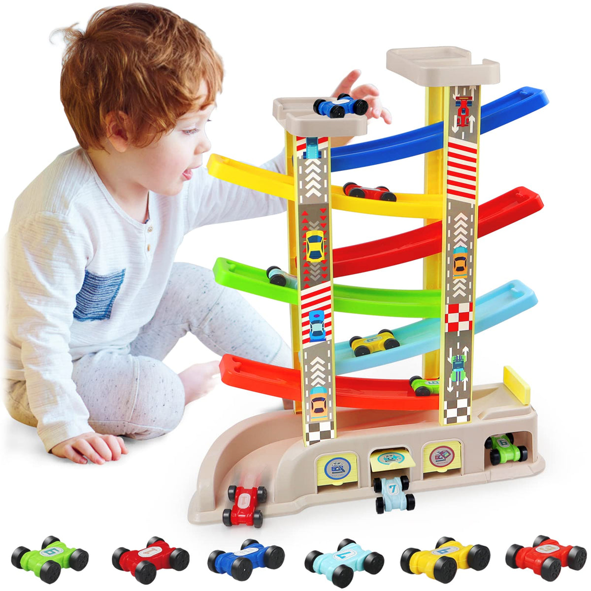 Montessori Toys for 2 3 Year Old Boys Toddlers, Car Ramp Toys with 6 Cars