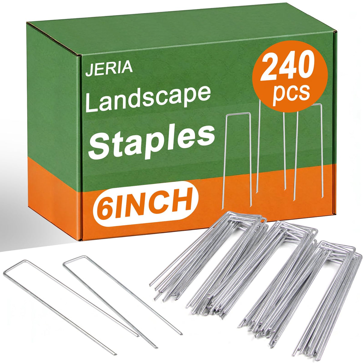 JERIA 6 Inch 240 Pack U-Shaped Galvanized Garden Stakes, 11 Gauge Landscape Staples, Landscape Fabric pins,Ground Stakes,Yard Stakes for Decorations