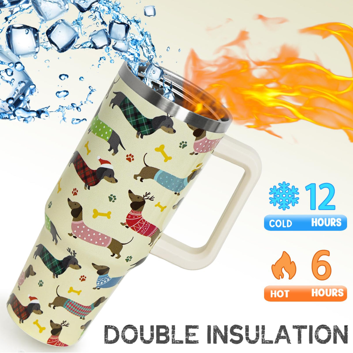 Nqhsionv Dachshund Tumbler with Handle and Straw 40 oz Christmas Cup Weiner Dog Coffee Travel Mug Stainless Steel Insulated Water Bottle Xmas Christmas Decor Gifts for Women