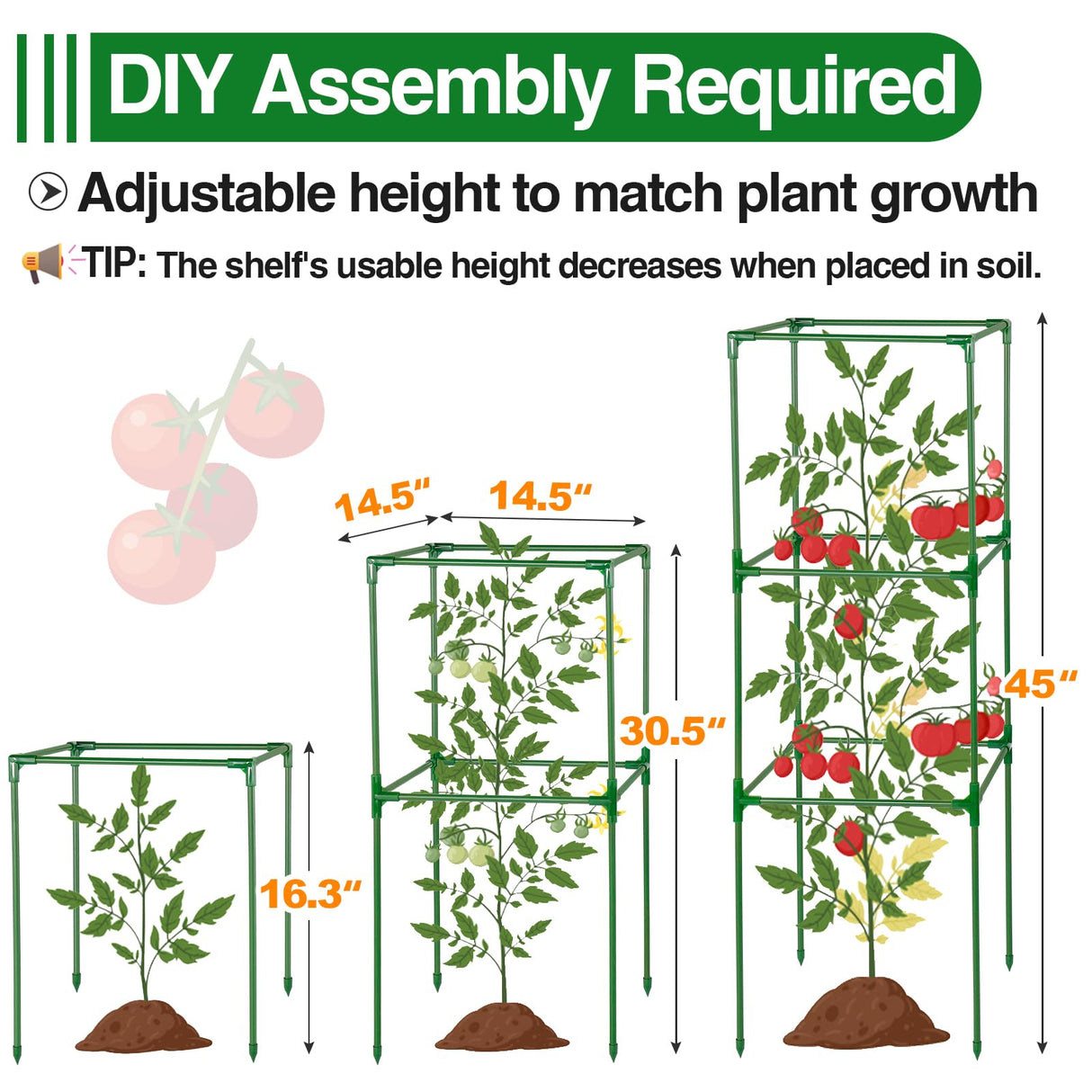 PAMASE 45x14.5x14.5in Square Tomato Cage for Garden, 3 Pack