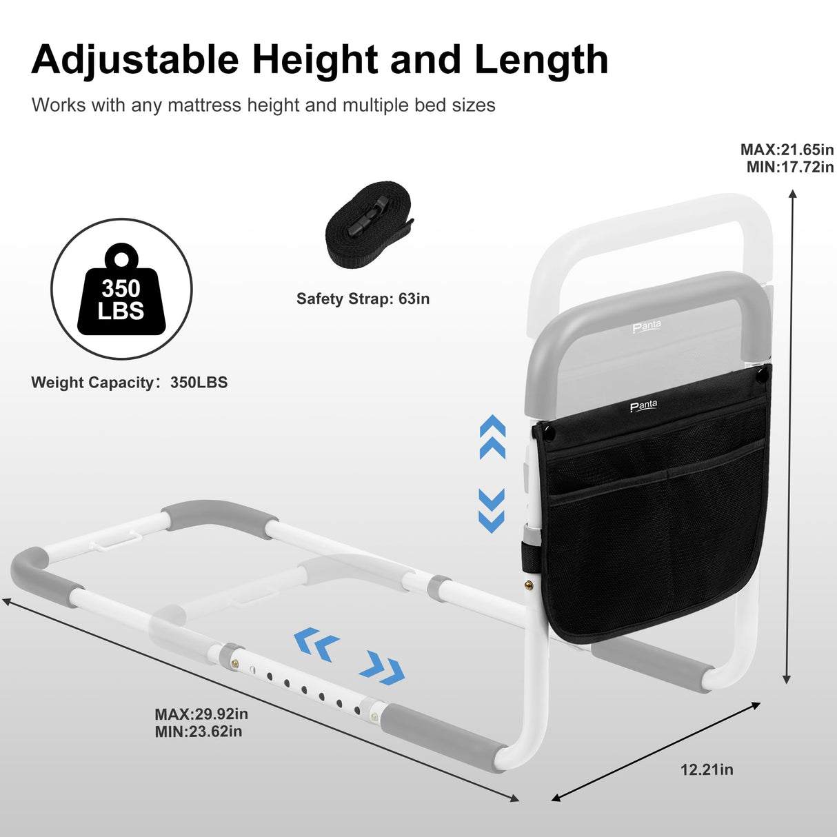 Panta Bed Rails for Elderly Adults, Adjustable Bed Assist Bar for Seniors, Medical Bed Safety Rail with Storage Bag and Fixing Strap, Portable Bed Cane Fit King, Queen, Full, Twin, Medium, Grey