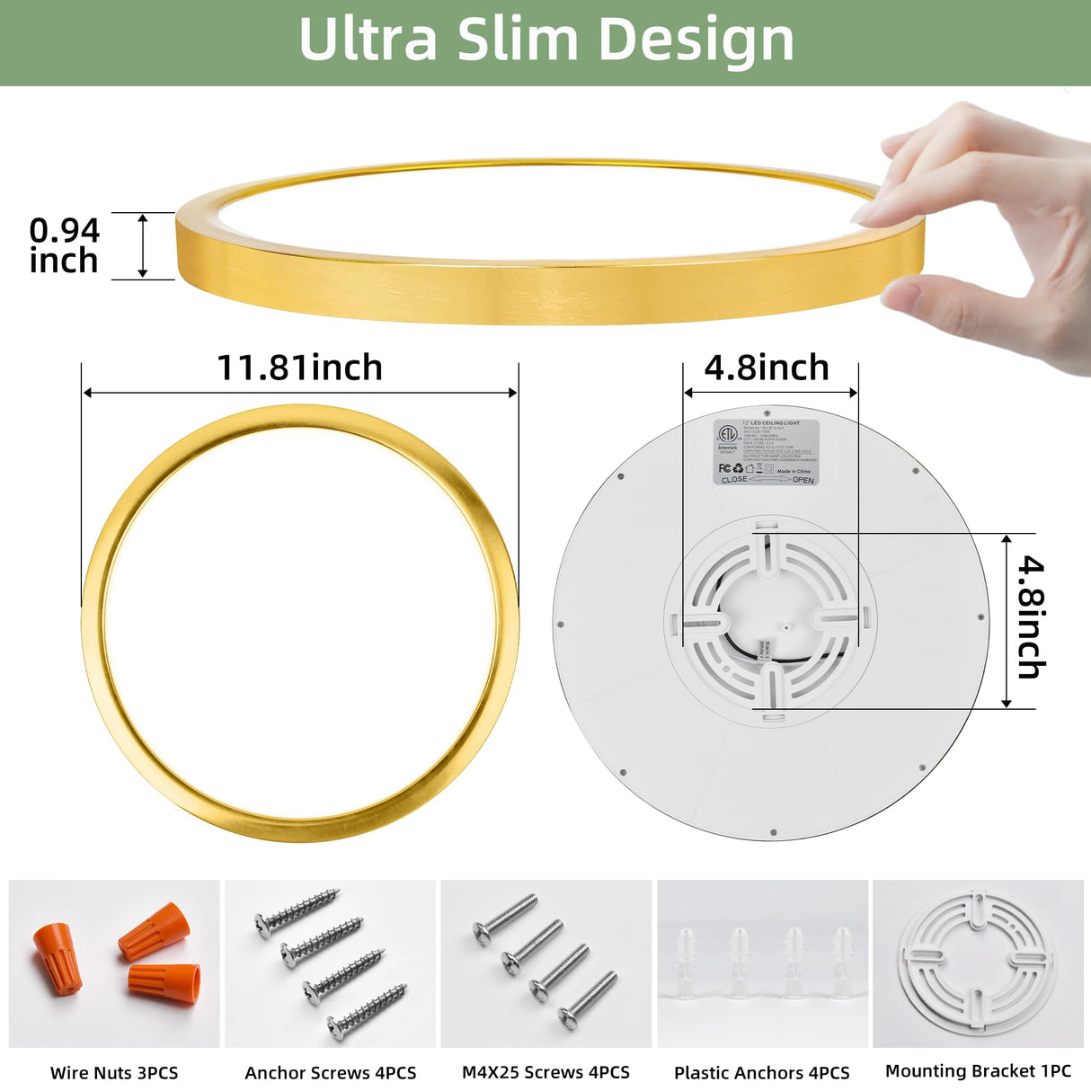 hykolity 12 Inch Selectable CCT LED Round Flat Panel Light, 24W 3000K/4000K/5000K, Edge-Lit Flush Mount Ceiling Light Fixture for Kitchen, Bedroom, Laundry and Closet Room,Gold