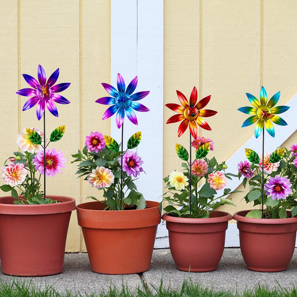 Sunnylight 4 Packs Wind Spinner Outdoor, Pinwheels for Yard and Garden, Metal Flower Decorative Garden Stakes for Lawn Patio Porch Decor