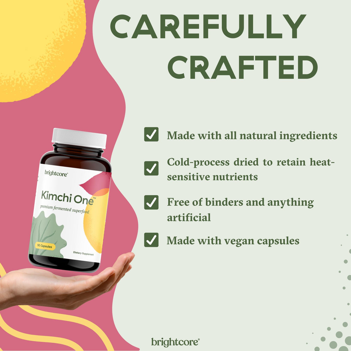 Brightcore Nutrition - Kimchi One, Kimchi Powder Capsules, Probiotics, Enzymes, & Antioxidant Supplement, Premium Gut Health Superfood for Overall Well Being, Gluten-Free, 90 Vegan Capsules